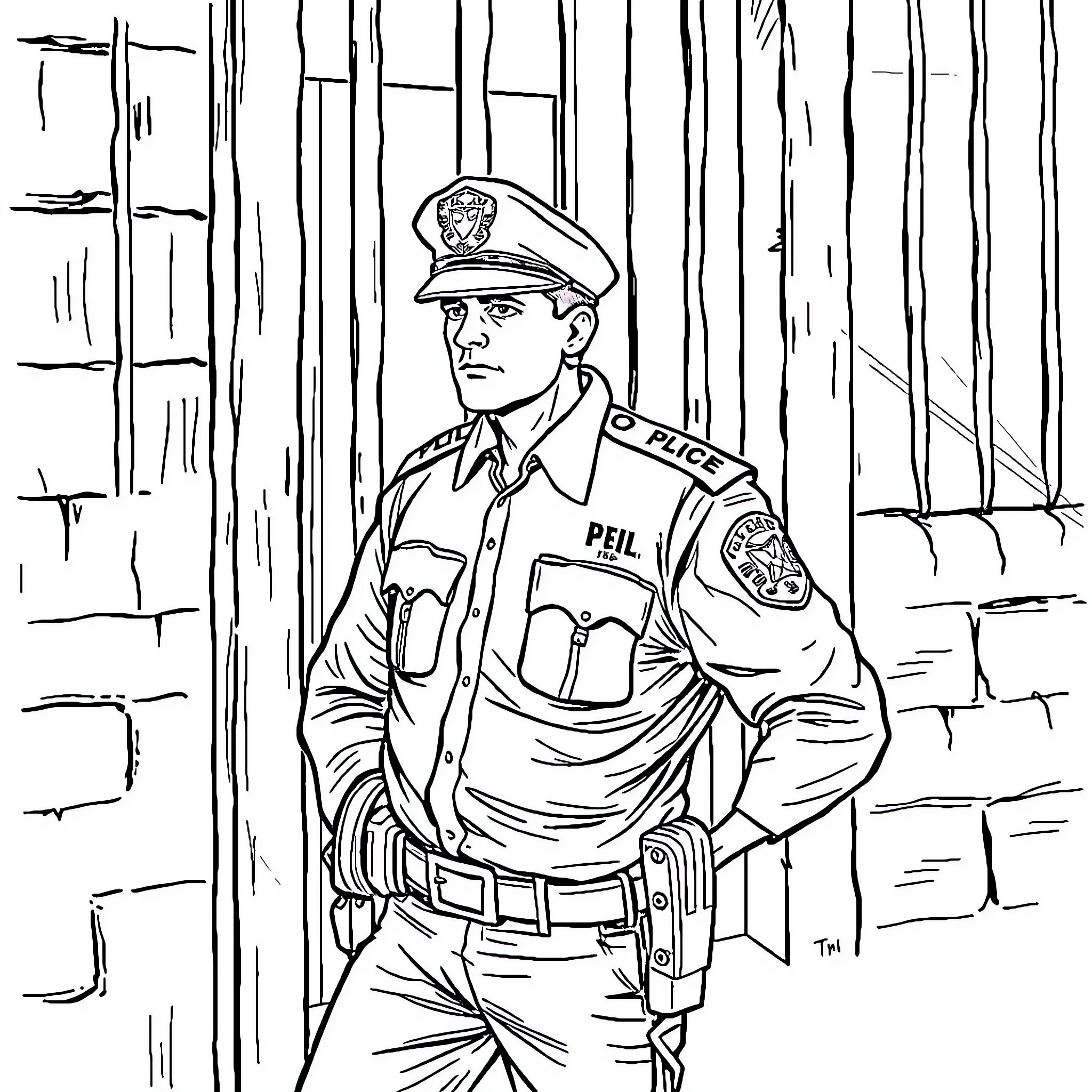 Police officer standing alert in uniform Coloring Page (free black-and-white line drawing printable PDF for all, from beginners to advanced learners, including children, teens, adults, and seniors)