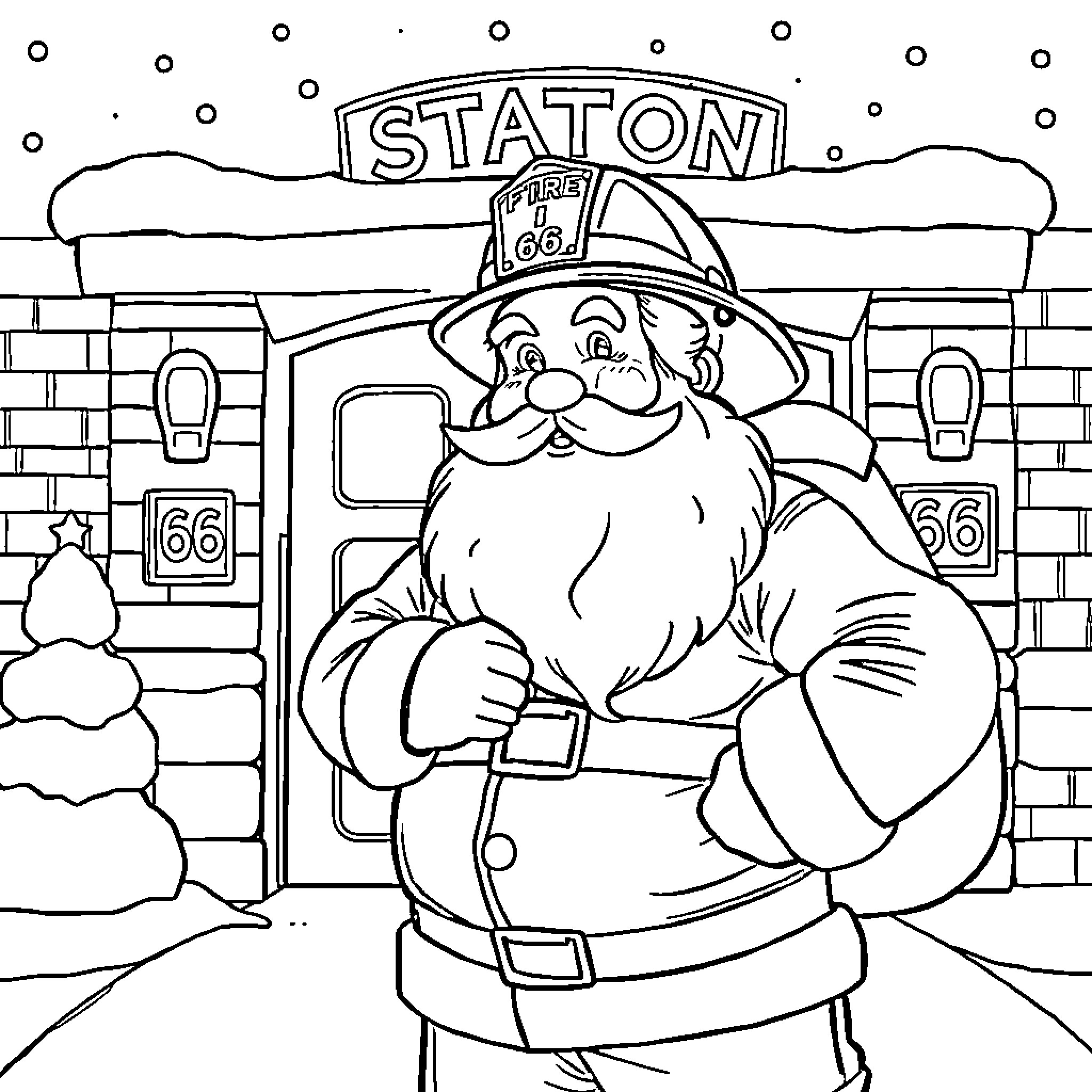 Santa at the Station on a Snowy Day Coloring Page (free black-and-white line drawing printable PDF for all, from beginners to advanced learners, including children, teens, adults, and seniors)