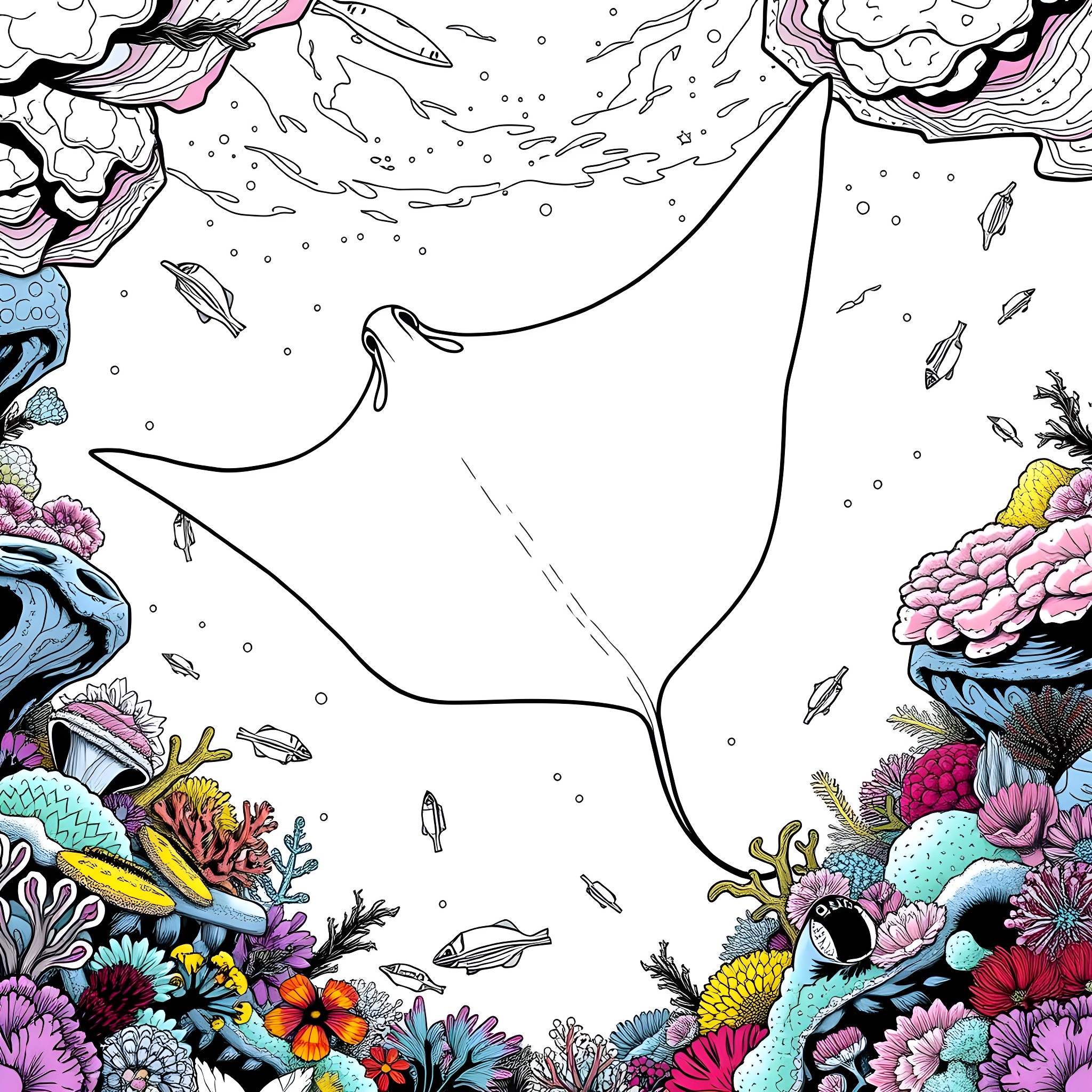 Ray's Underwater Floral Adventure Coloring Page (free black-and-white line drawing printable PDF for all, from beginners to advanced learners, including children, teens, adults, and seniors)