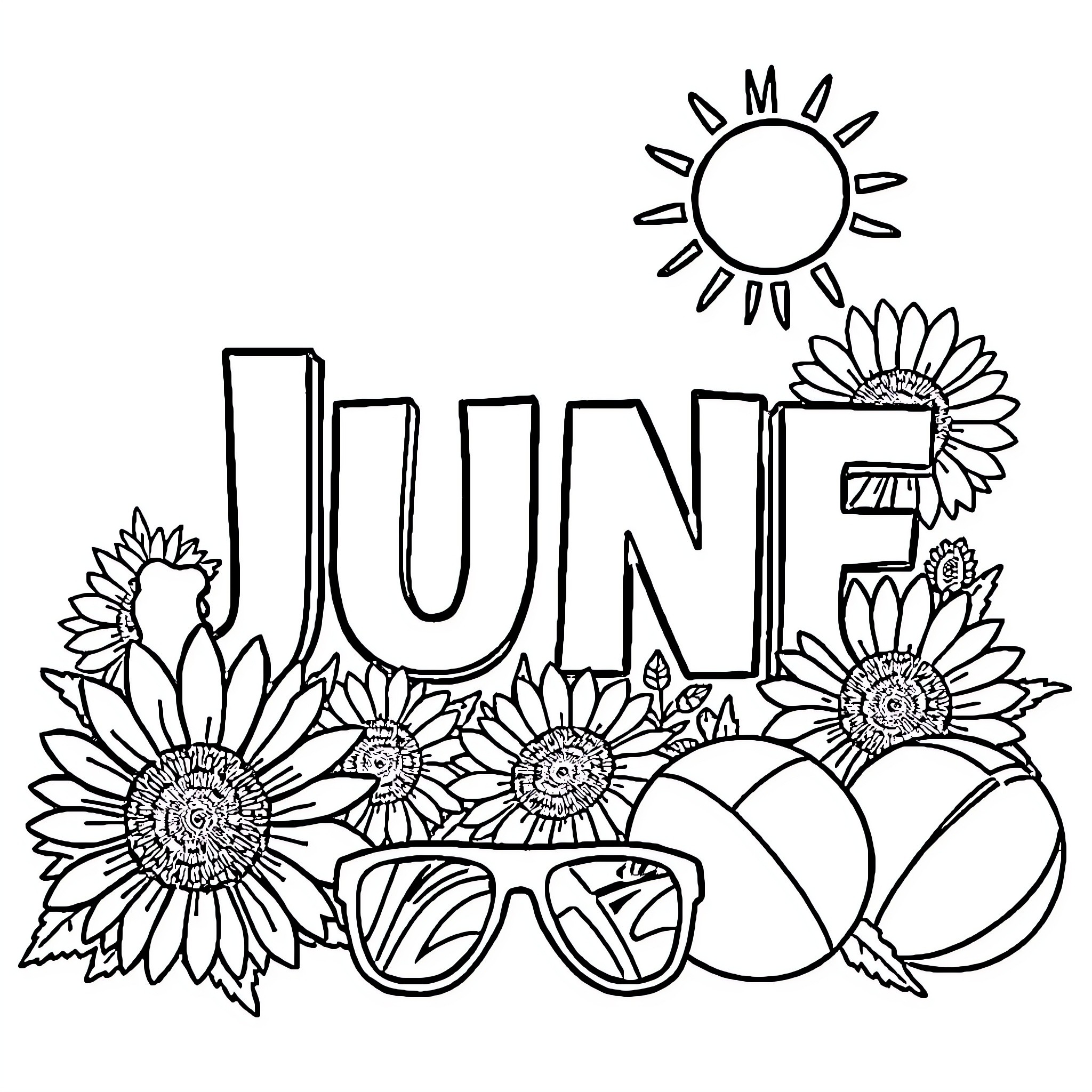June Sunflowers and Sunglasses Fun Coloring Page (free black-and-white line drawing printable PDF for all, from beginners to advanced learners, including children, teens, adults, and seniors)
