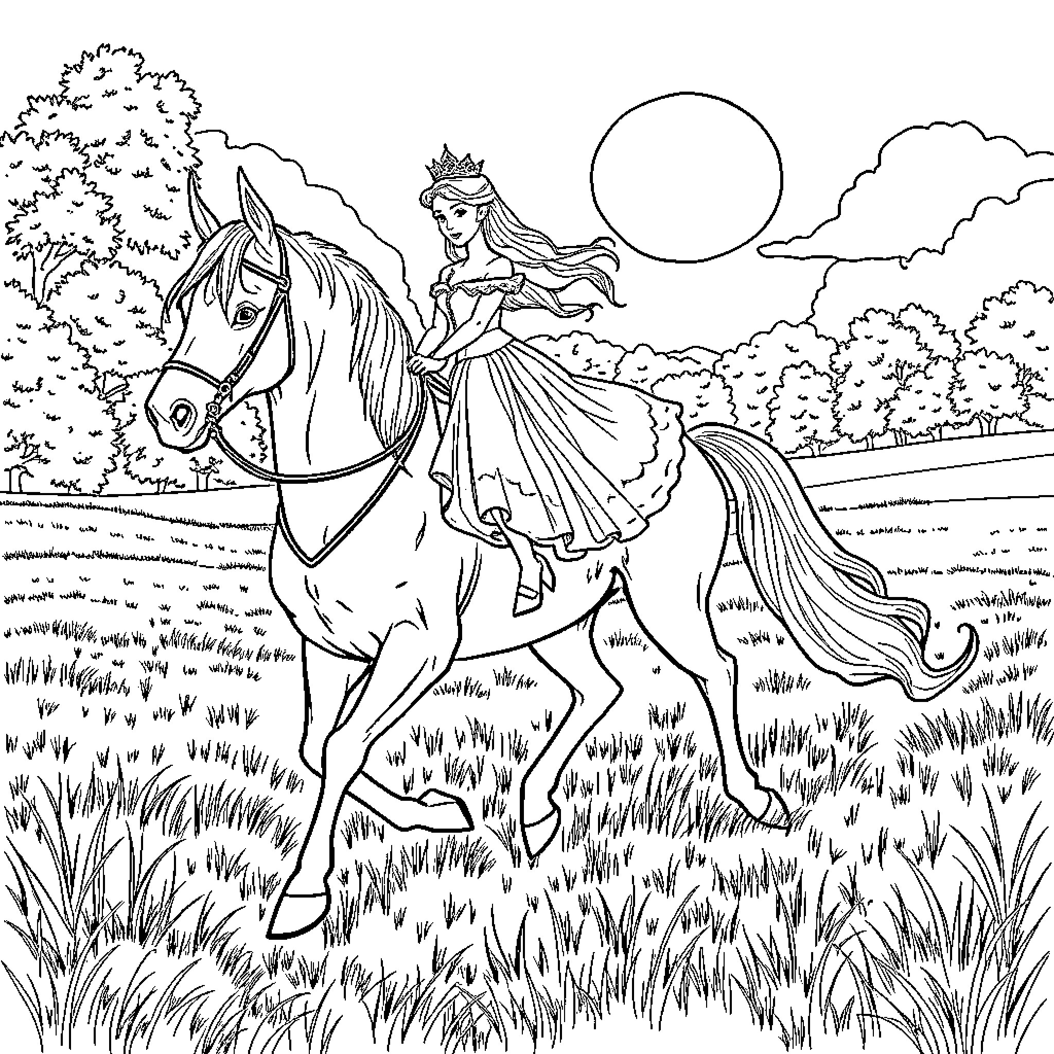 Princess Riding a Majestic Horse in the Countryside Coloring Page (free black-and-white line drawing printable PDF for all, from beginners to advanced learners, including children, teens, adults, and seniors)