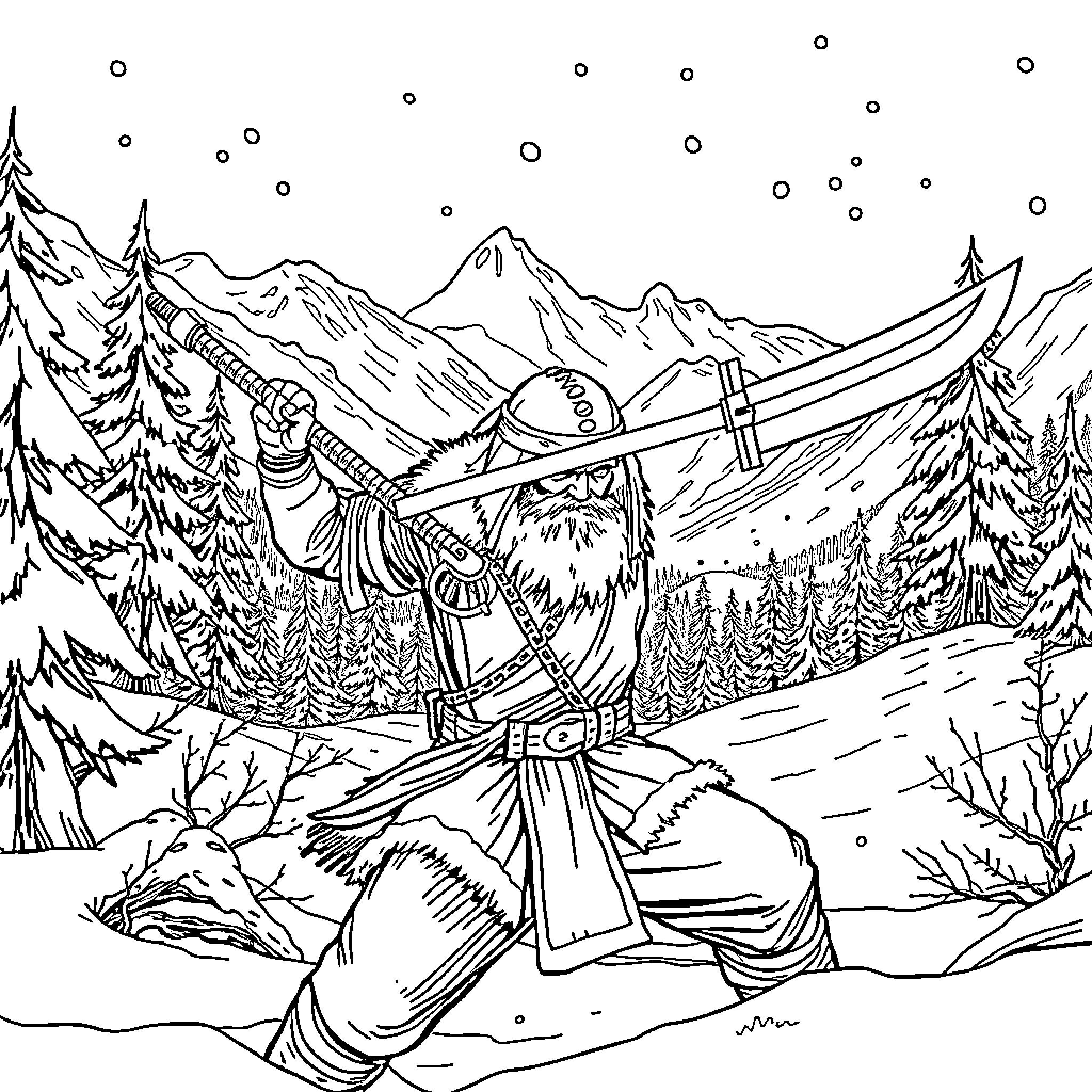 Muzan's Winter Warrior Expedition Coloring Page (free black-and-white line drawing printable PDF for all, from beginners to advanced learners, including children, teens, adults, and seniors)