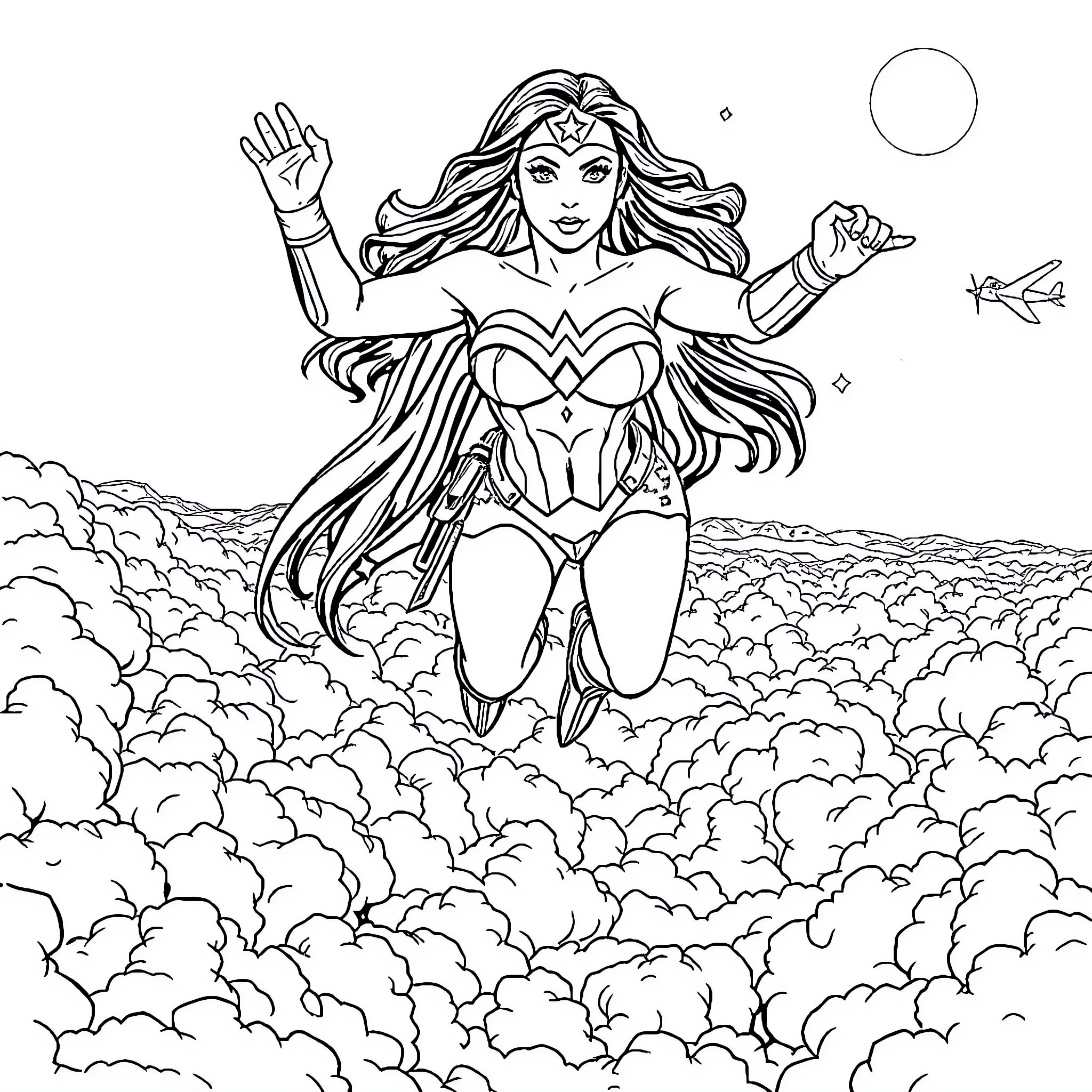 Wonder Woman soaring through the clouds with power Coloring Page (free black-and-white line drawing printable PDF for all, from beginners to advanced learners, including children, teens, adults, and seniors)