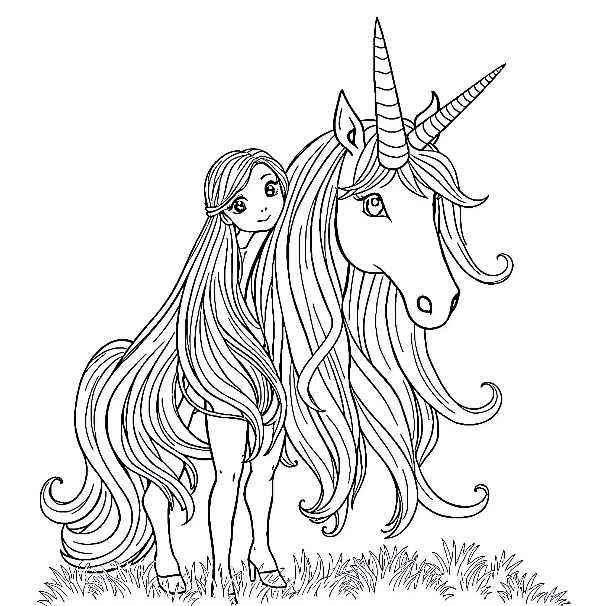 Girl and her Magical Unicorn Coloring Page (free black-and-white line drawing printable PDF for all, from beginners to advanced learners, including children, teens, adults, and seniors)