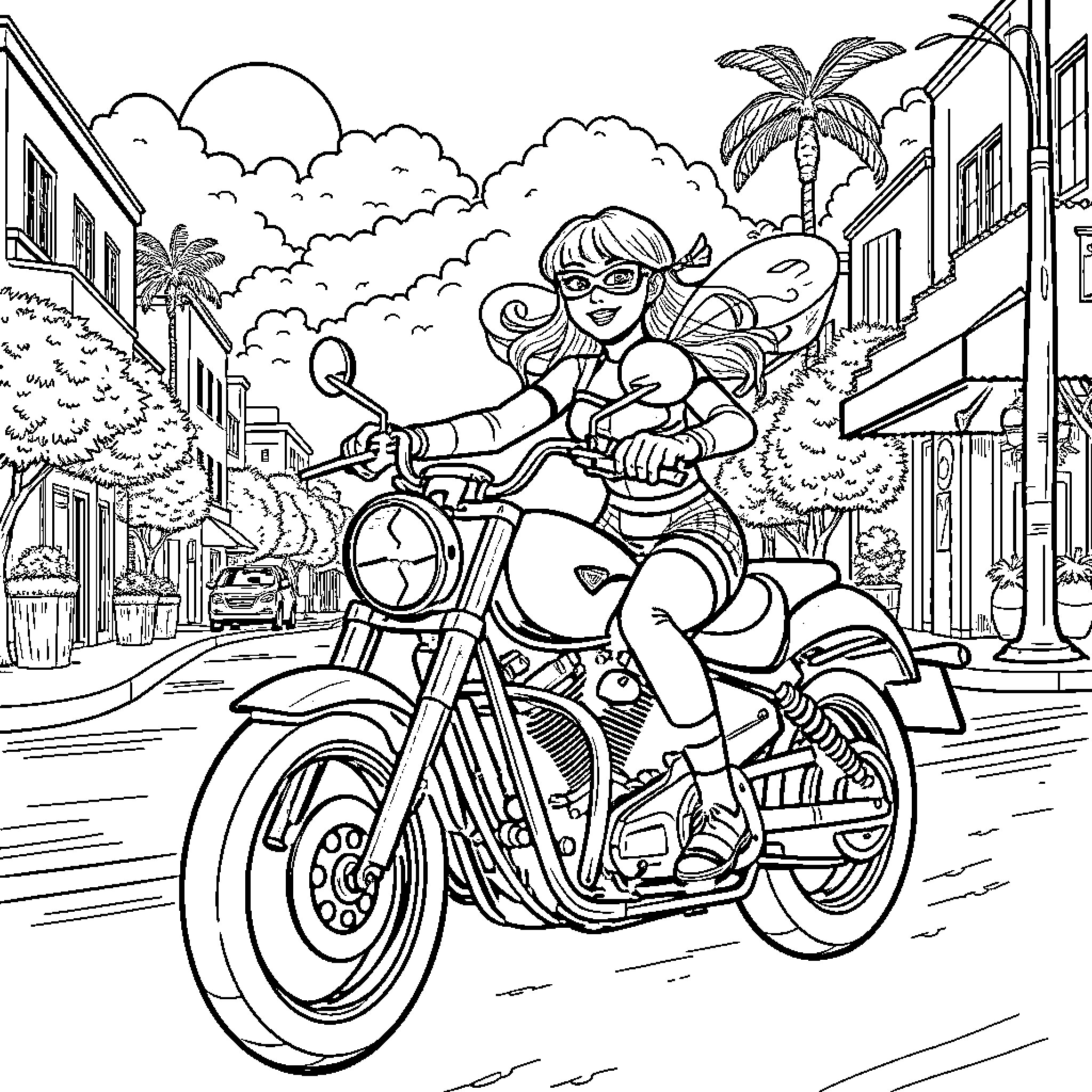 Girl riding motorcycle down sunny city street Coloring Page (free black-and-white line drawing printable PDF for all, from beginners to advanced learners, including children, teens, adults, and seniors)
