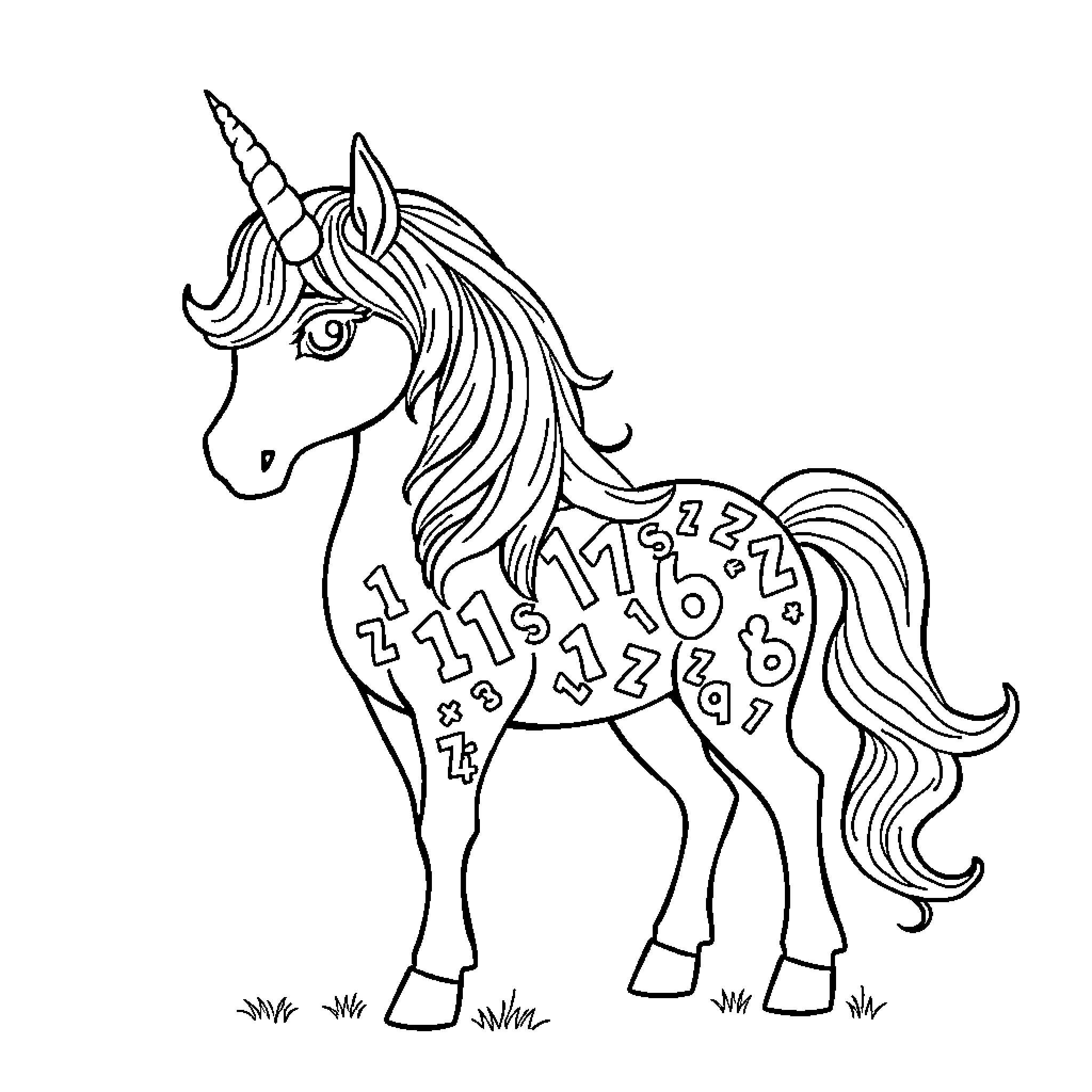 Unicorn dancing with numbers on its body Coloring Page (free black-and-white line drawing printable PDF for all, from beginners to advanced learners, including children, teens, adults, and seniors)