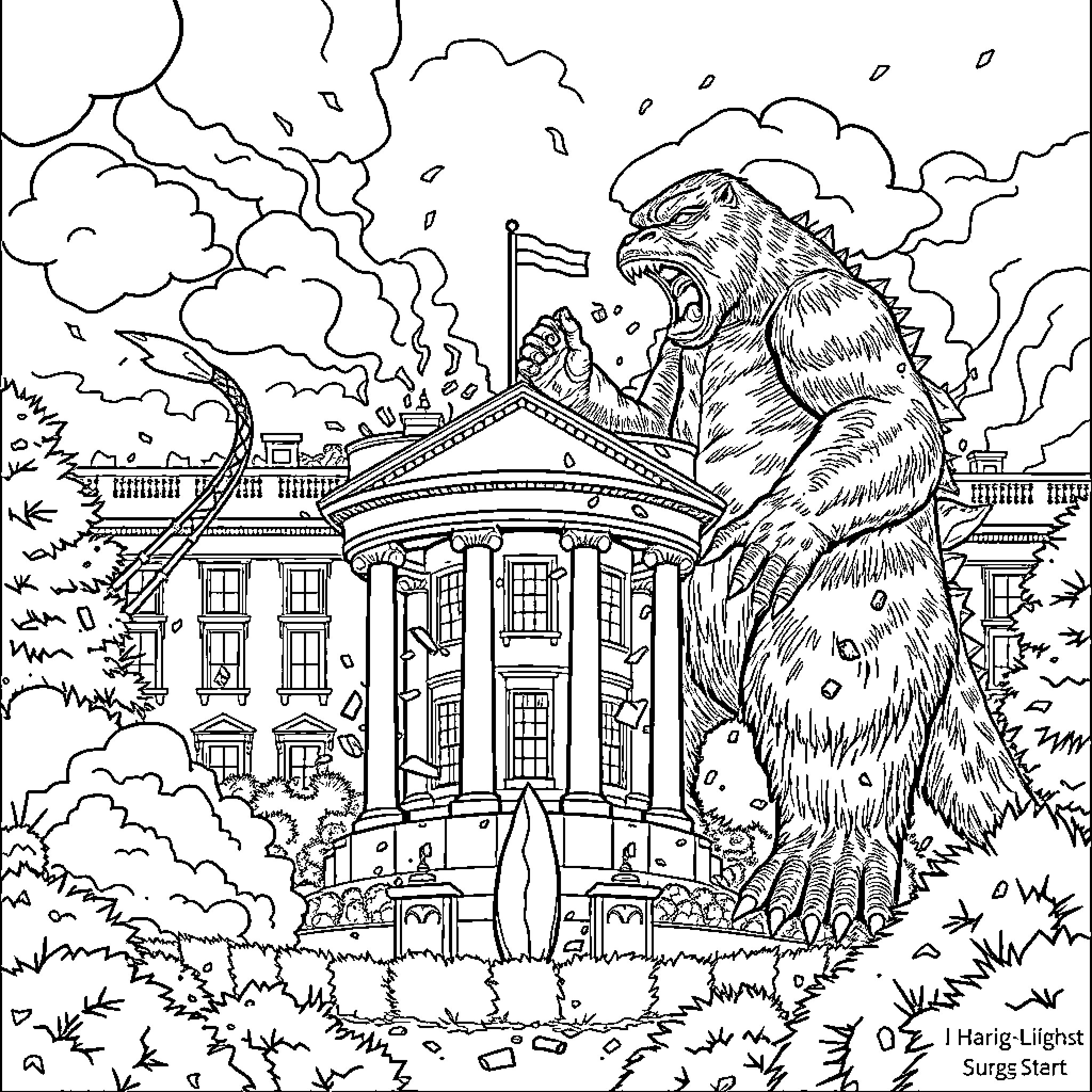 Godzilla Attacks the White House Coloring Page (free black-and-white line drawing printable PDF for all, from beginners to advanced learners, including children, teens, adults, and seniors)