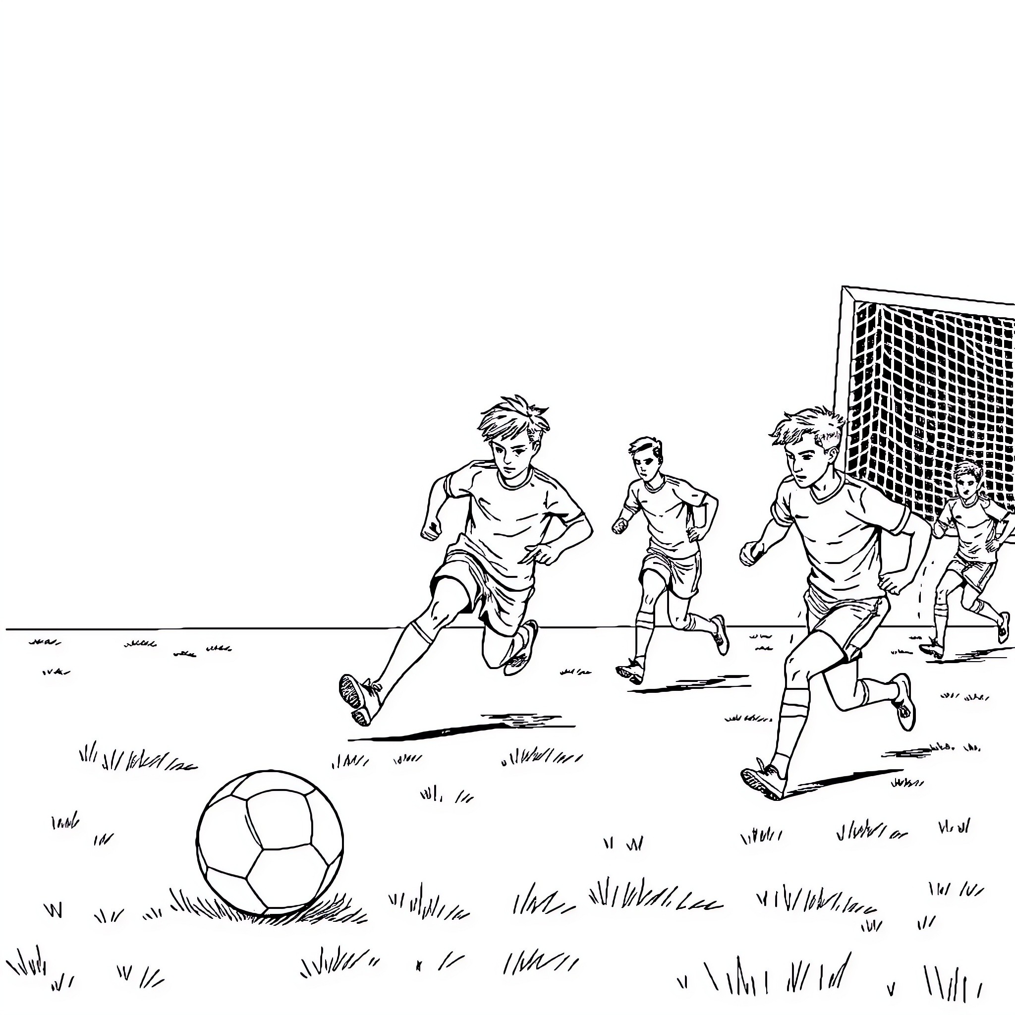 Soccer players in action on the field Coloring Page (free black-and-white line drawing printable PDF for all, from beginners to advanced learners, including children, teens, adults, and seniors)