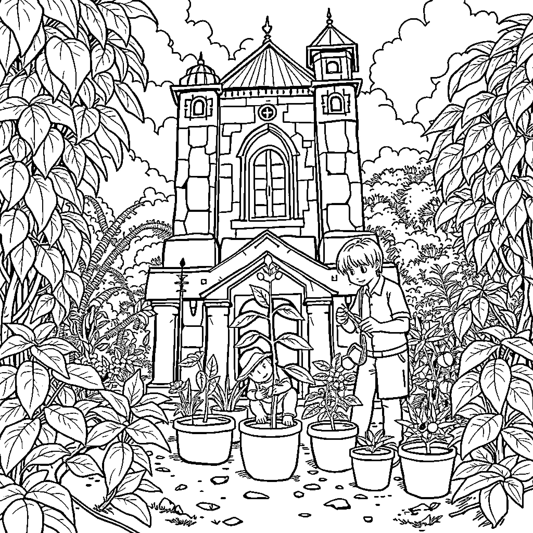 Character Exploring an Ornate Garden with Potted Plants Coloring Page (free black-and-white line drawing printable PDF for all, from beginners to advanced learners, including children, teens, adults, and seniors)
