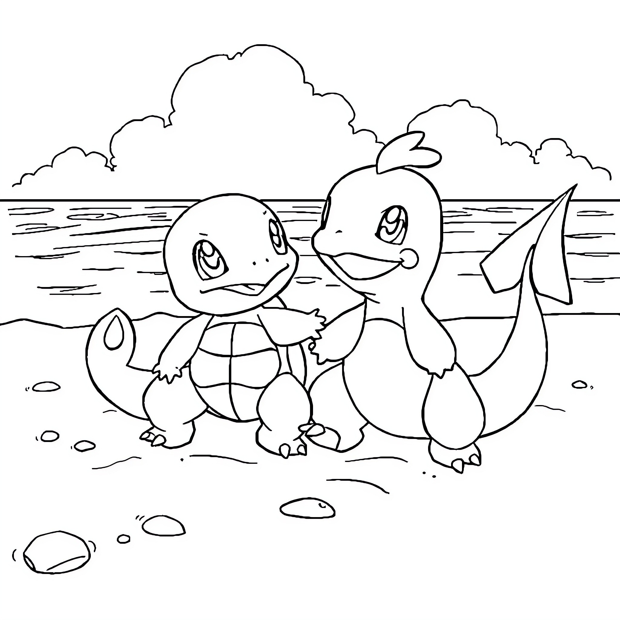 Squirtle playing happily with Charmander by the sea Coloring Page (free black-and-white line drawing printable PDF for all, from beginners to advanced learners, including children, teens, adults, and seniors)