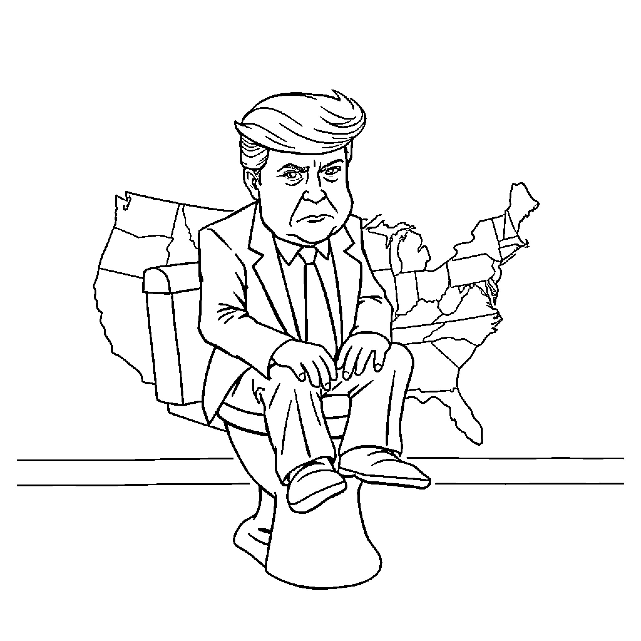 Donald Trump seated with United States map backdrop Coloring Page (free black-and-white line drawing printable PDF for all, from beginners to advanced learners, including children, teens, adults, and seniors)