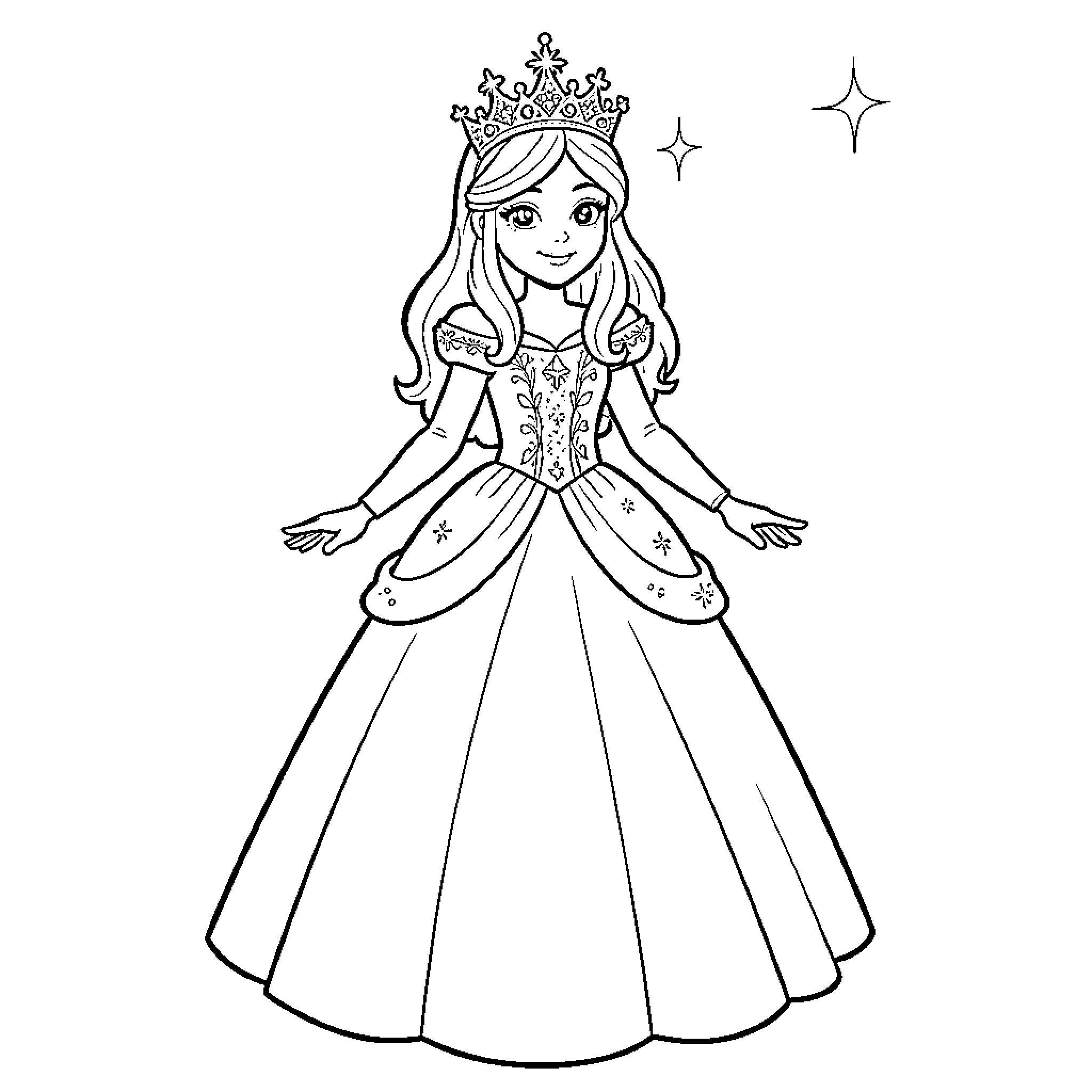 Princess in Elegant Gown and Crown Coloring Page (free black-and-white line drawing printable PDF for all, from beginners to advanced learners, including children, teens, adults, and seniors)