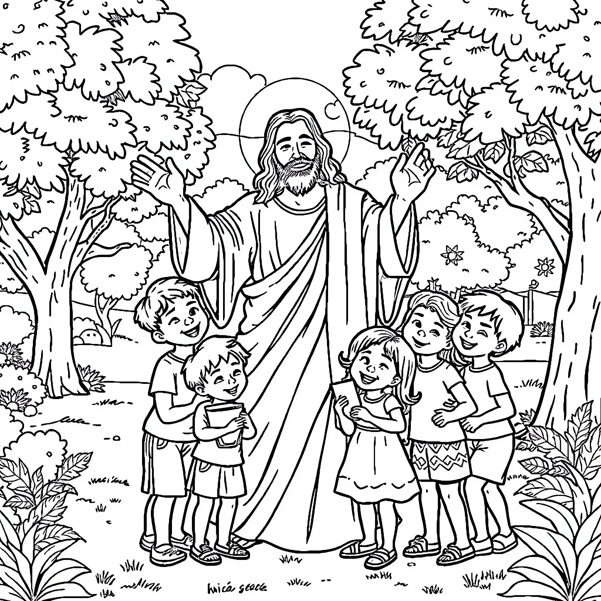 Jesus blessing and embracing children in a serene forest setting Coloring Page (free black-and-white line drawing printable PDF for all, from beginners to advanced learners, including children, teens, adults, and seniors)