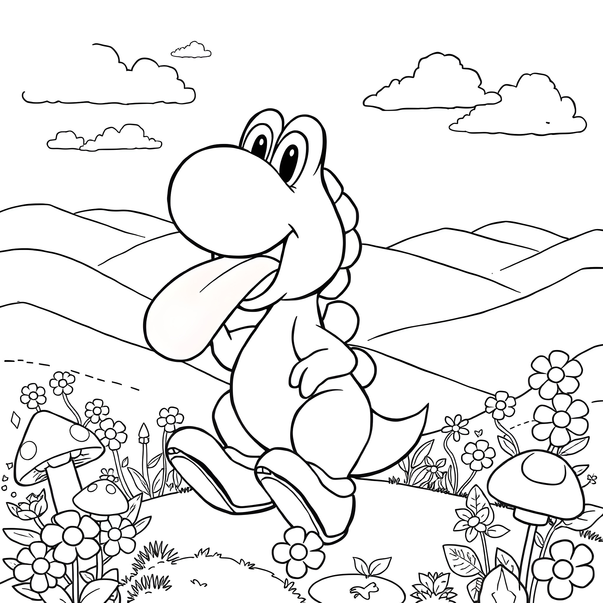 Yoshi exploring the scenic landscape Coloring Page (free black-and-white line drawing printable PDF for all, from beginners to advanced learners, including children, teens, adults, and seniors)