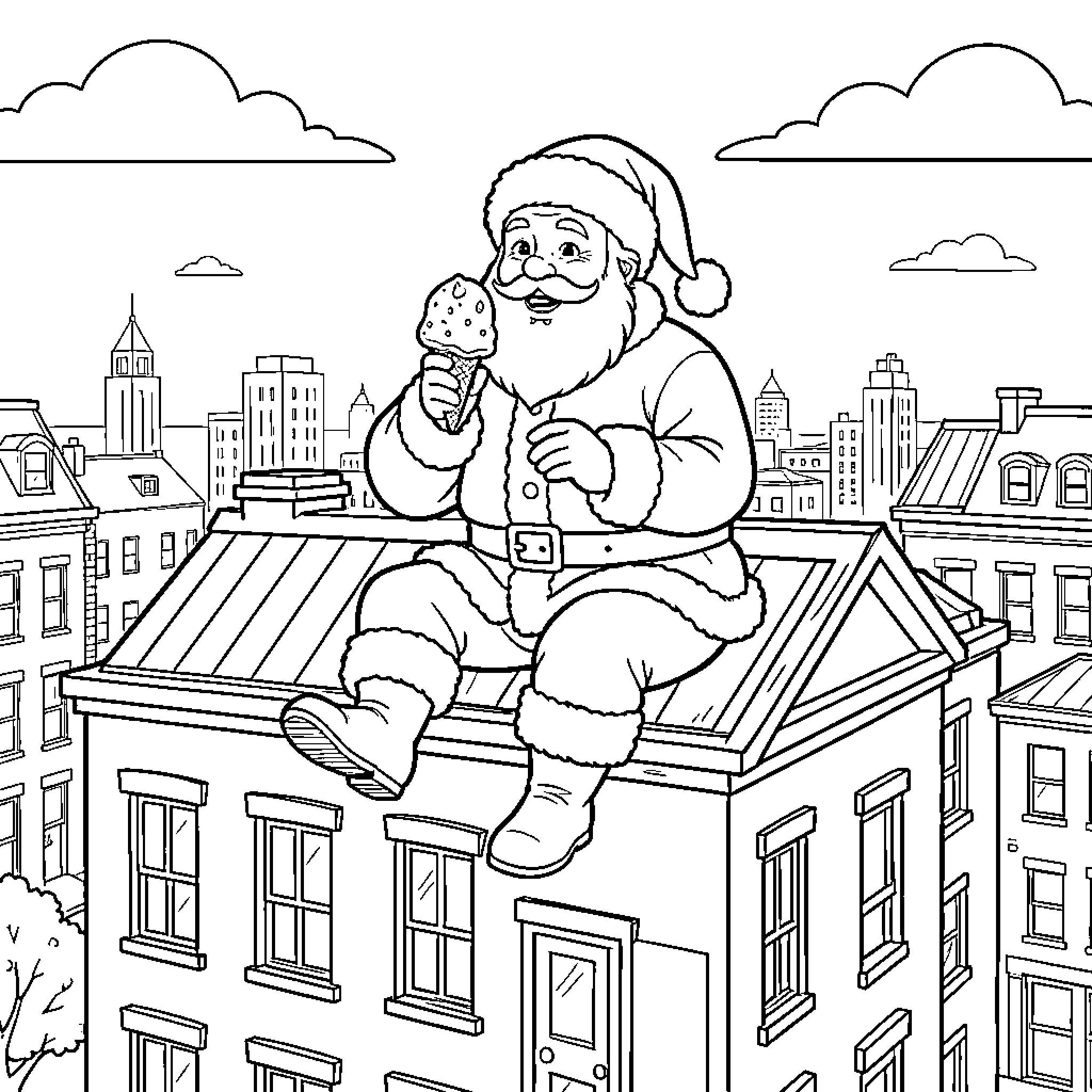 Père Noël eating an ice cream cone on a rooftop Coloring Page (free black-and-white line drawing printable PDF for all, from beginners to advanced learners, including children, teens, adults, and seniors)