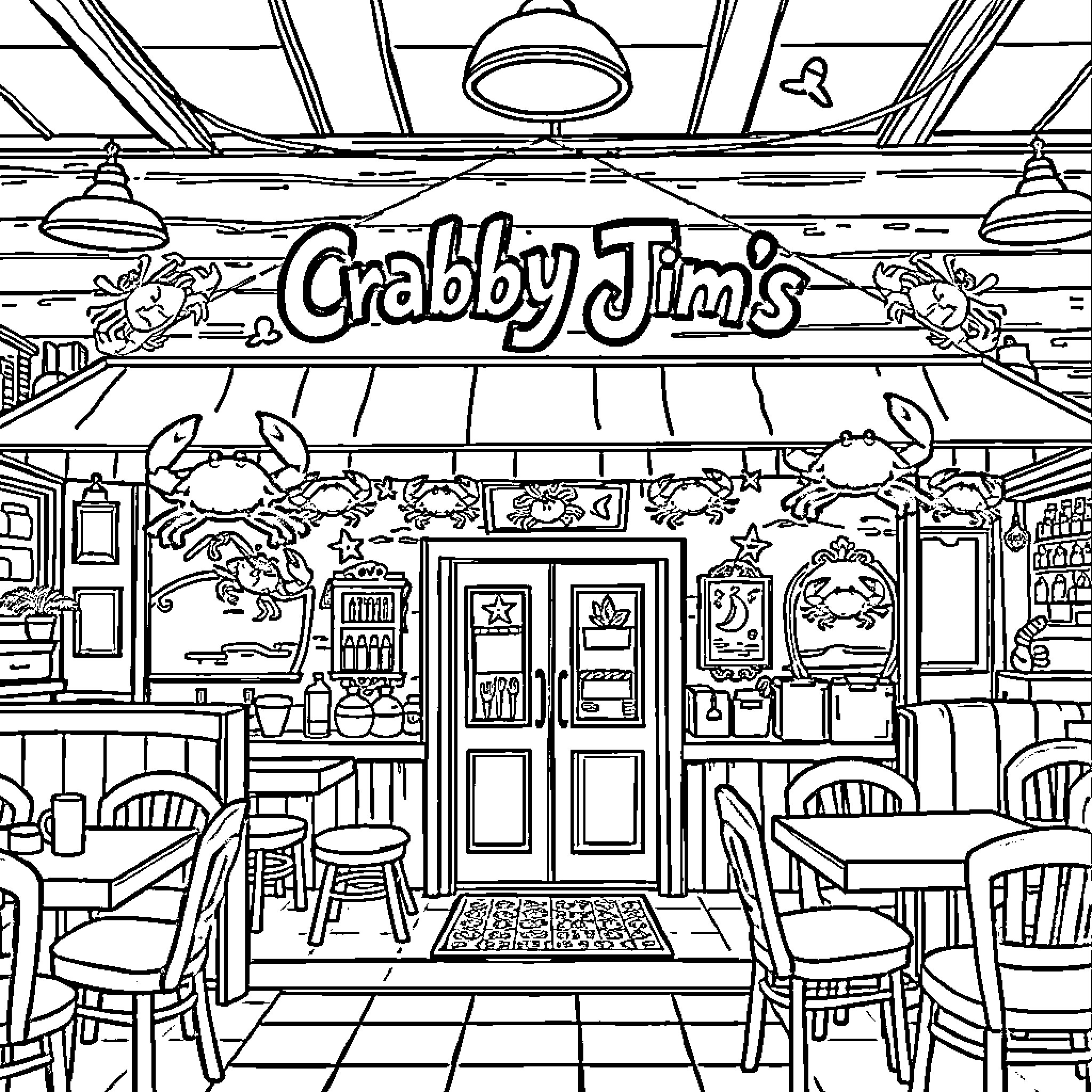 Crab-themed restaurant interior with customers Coloring Page (free black-and-white line drawing printable PDF for all, from beginners to advanced learners, including children, teens, adults, and seniors)