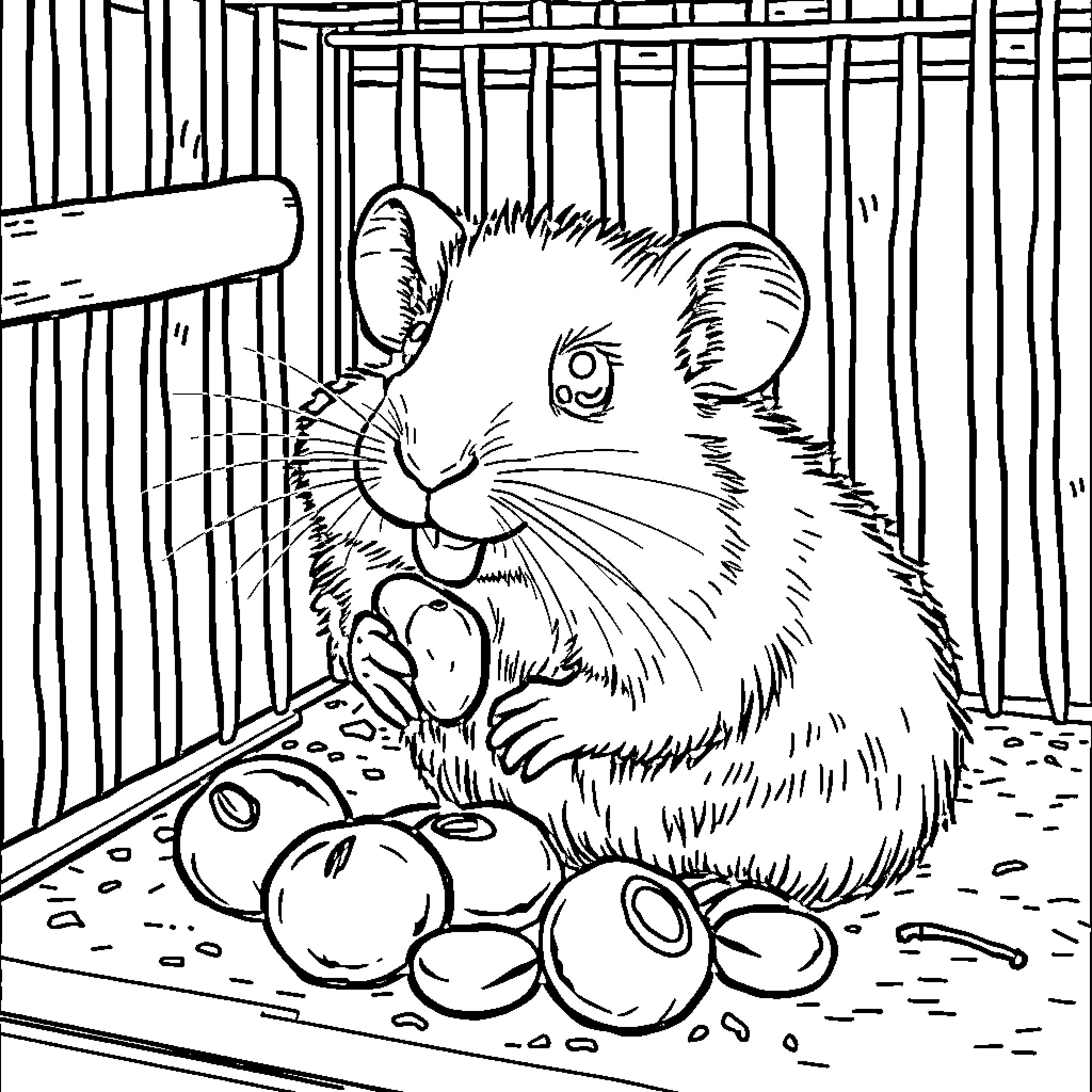 Hamster with treats in a cage Coloring Page (free black-and-white line drawing printable PDF for all, from beginners to advanced learners, including children, teens, adults, and seniors)