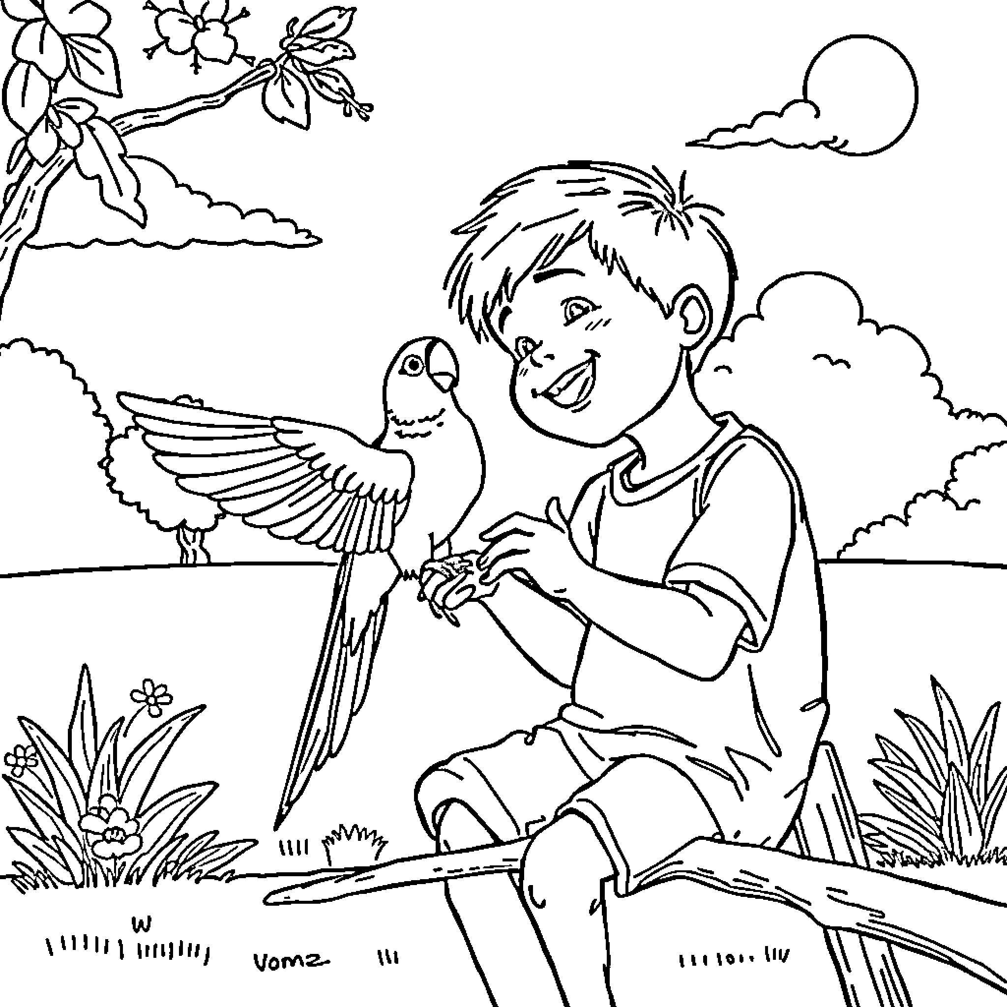 Boy playing with parrot in nature Coloring Page (free black-and-white line drawing printable PDF for all, from beginners to advanced learners, including children, teens, adults, and seniors)