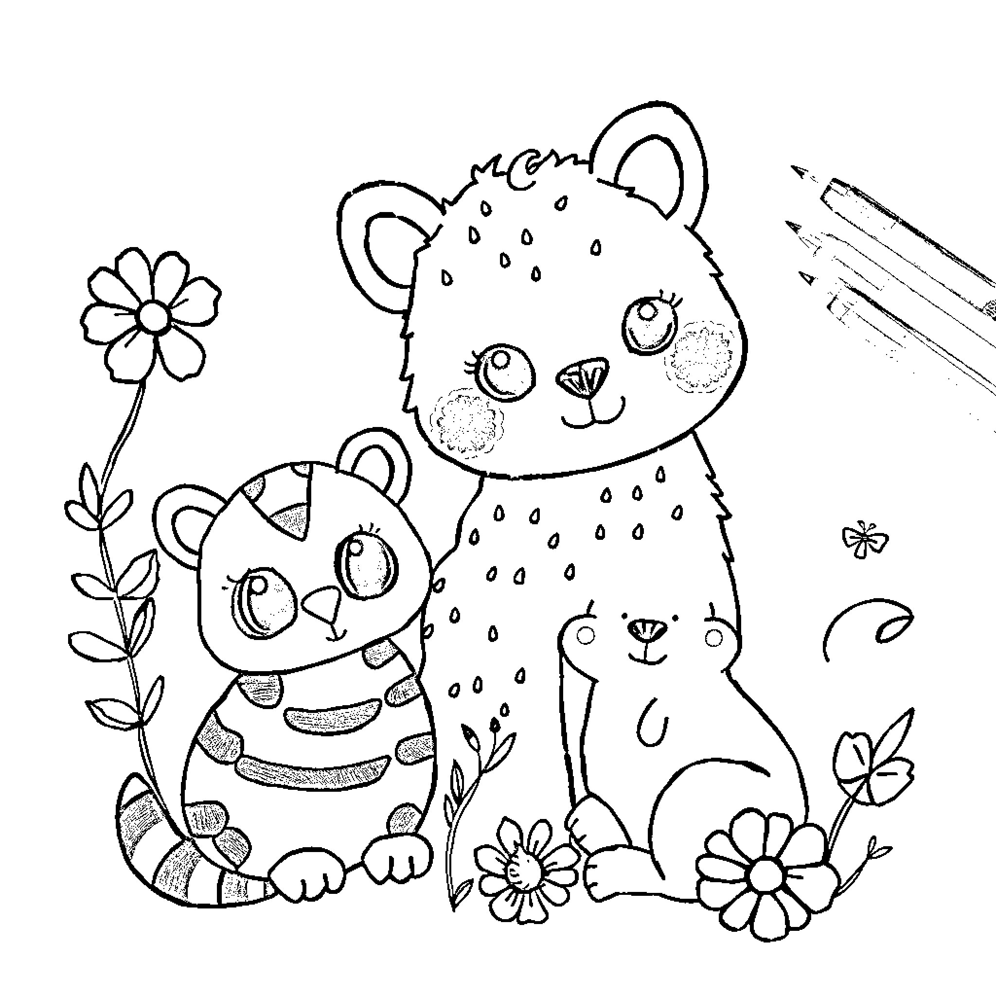 Animal friends playing in the flower garden Coloring Page (free black-and-white line drawing printable PDF for all, from beginners to advanced learners, including children, teens, adults, and seniors)