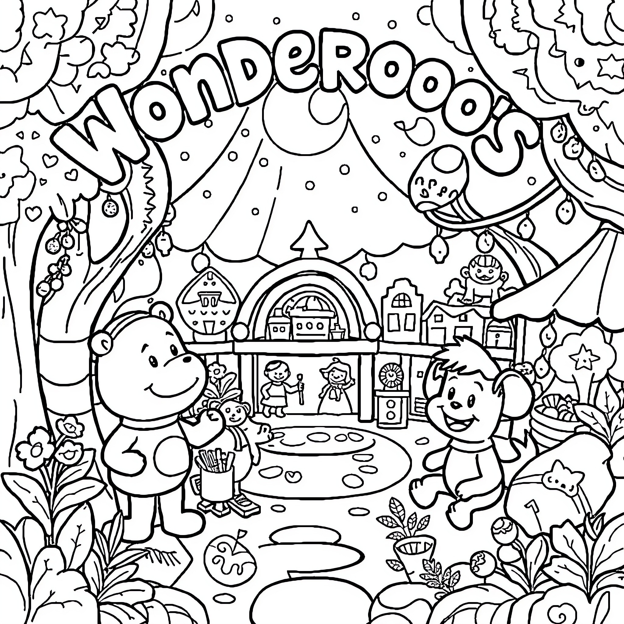 Wonderoos Explore Whimsical Wonderland Coloring Page (free black-and-white line drawing printable PDF for all, from beginners to advanced learners, including children, teens, adults, and seniors)