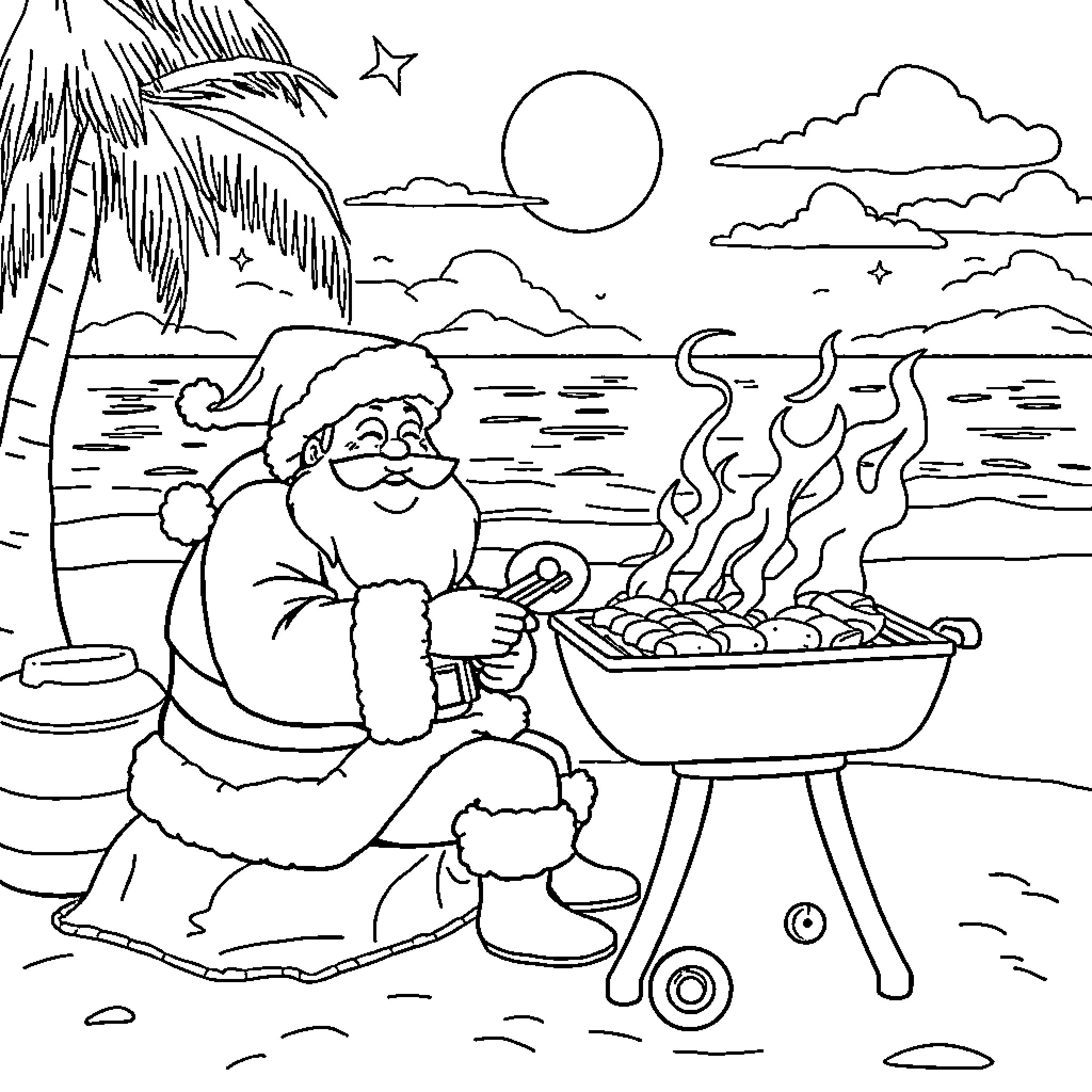 Santa Enjoying a Beach Barbecue by the Sea Coloring Page (free black-and-white line drawing printable PDF for all, from beginners to advanced learners, including children, teens, adults, and seniors)