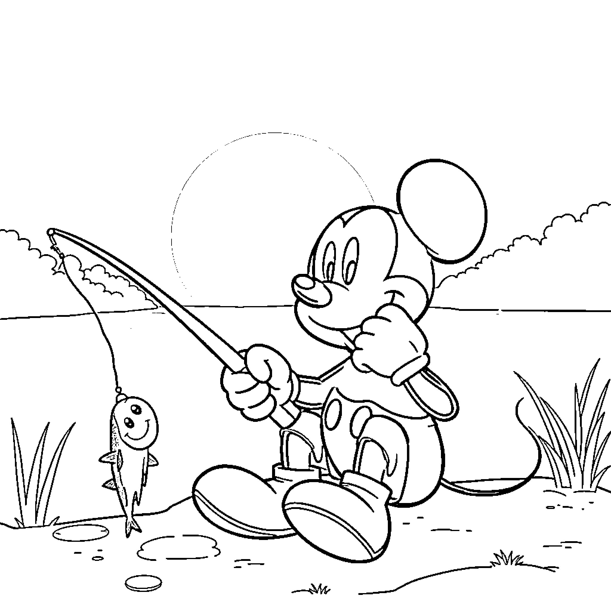 Mickey Mouse Fishing in the Pond Coloring Page (free black-and-white line drawing printable PDF for all, from beginners to advanced learners, including children, teens, adults, and seniors)