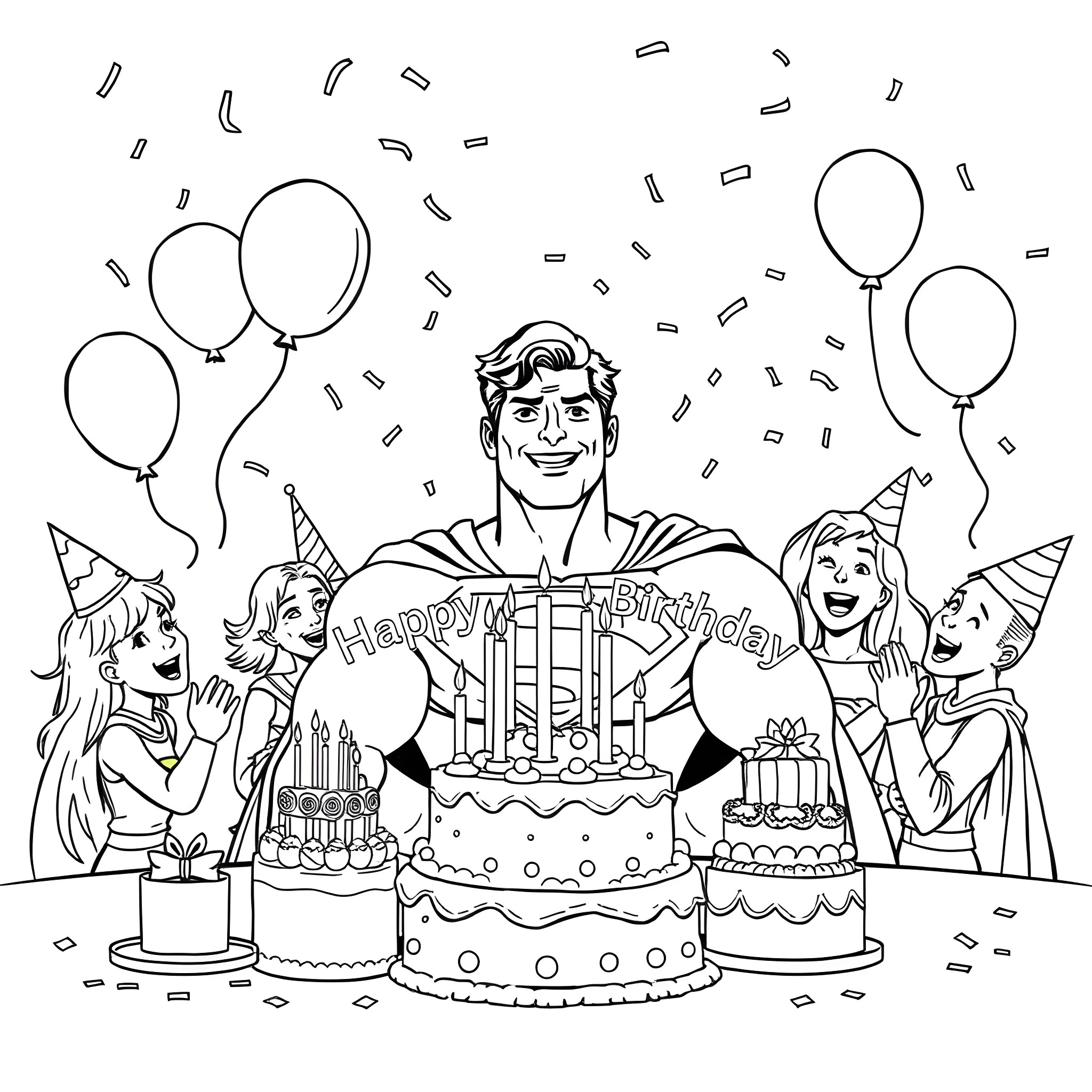 Superman celebrates birthday with family and friends Coloring Page (free black-and-white line drawing printable PDF for all, from beginners to advanced learners, including children, teens, adults, and seniors)