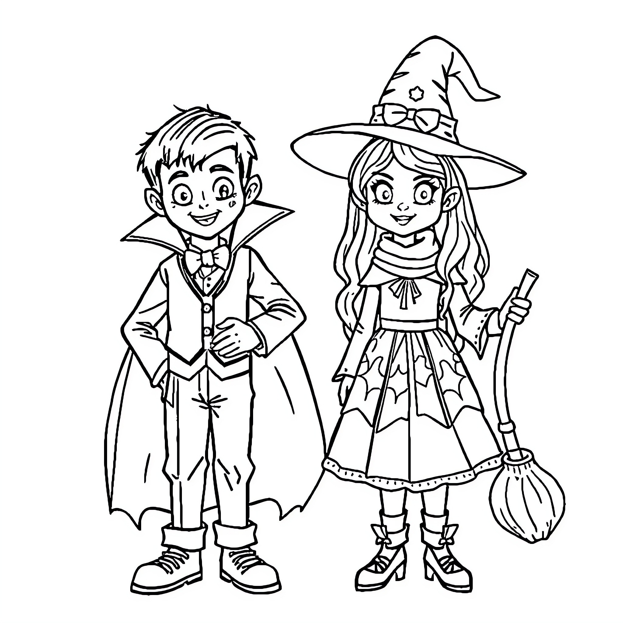 Child Wizard and Witch in Halloween Costumes Coloring Page (free black-and-white line drawing printable PDF for all, from beginners to advanced learners, including children, teens, adults, and seniors)