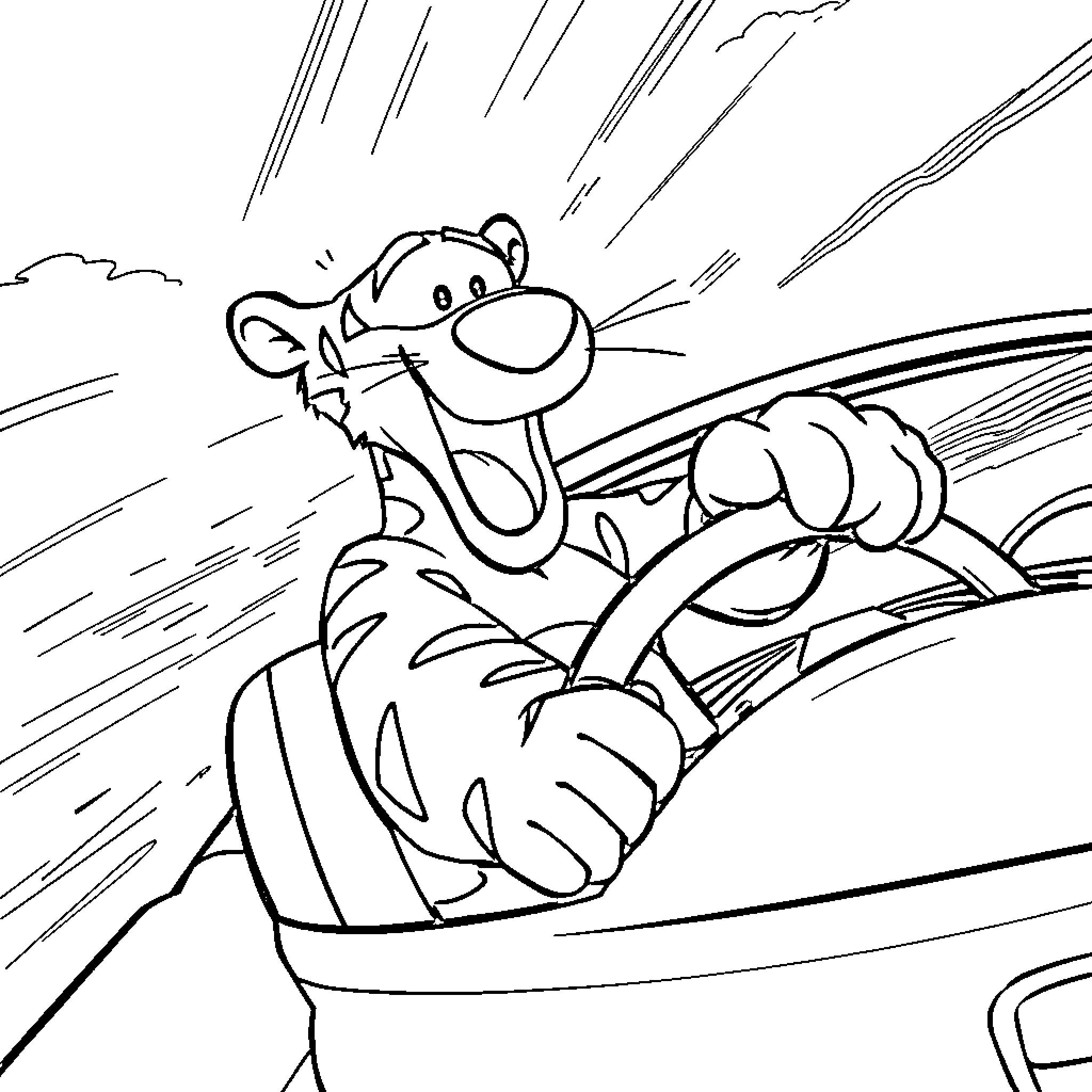 Tigger bouncing joyfully in a vehicle Coloring Page (free black-and-white line drawing printable PDF for all, from beginners to advanced learners, including children, teens, adults, and seniors)
