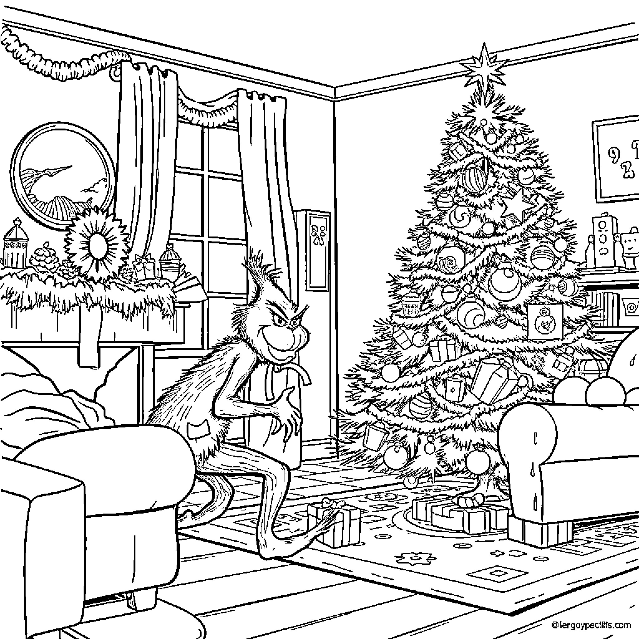 Grinch Decorating Christmas Tree in Cozy Home Coloring Page (free black-and-white line drawing printable PDF for all, from beginners to advanced learners, including children, teens, adults, and seniors)
