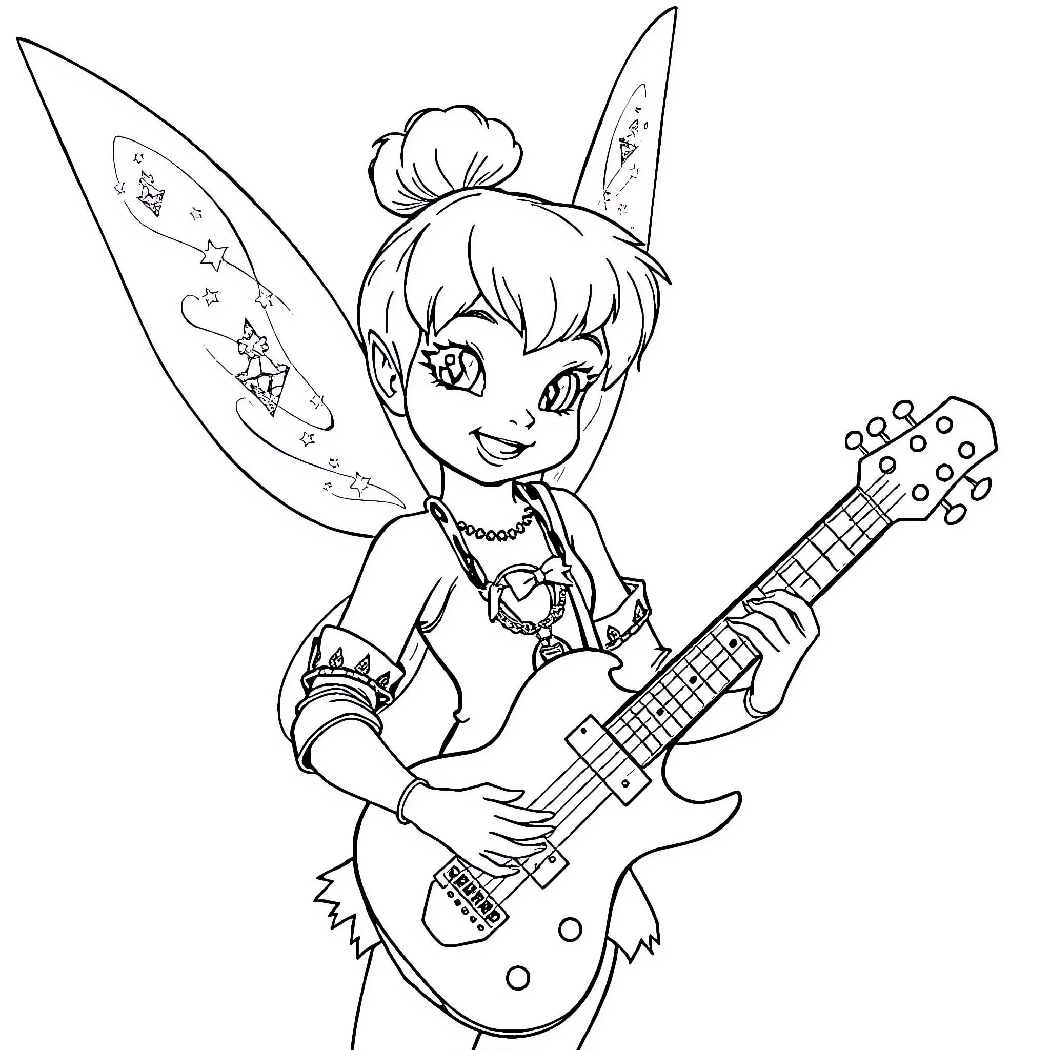 Tinkerbell playing guitar and spreading joy Coloring Page (free black-and-white line drawing printable PDF for all, from beginners to advanced learners, including children, teens, adults, and seniors)