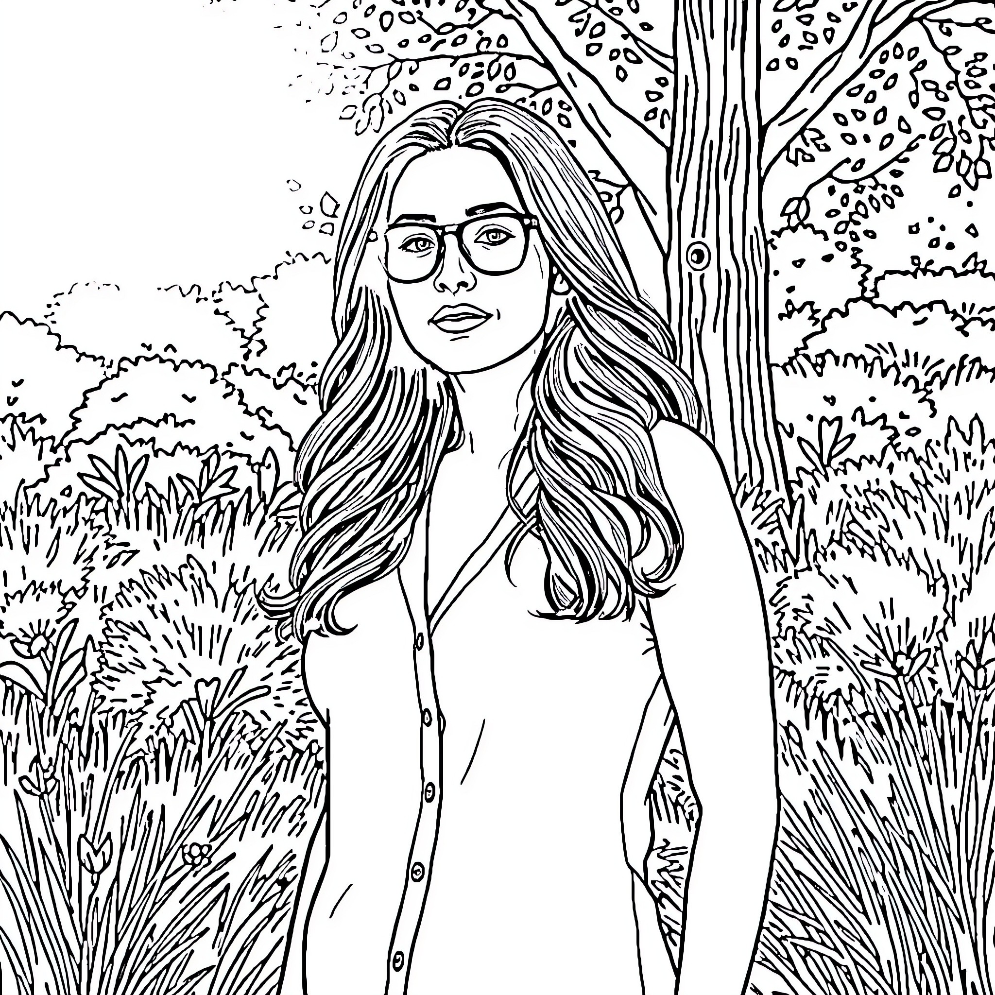 Salma Hayek in a contemplative outdoor scene Coloring Page (free black-and-white line drawing printable PDF for all, from beginners to advanced learners, including children, teens, adults, and seniors)