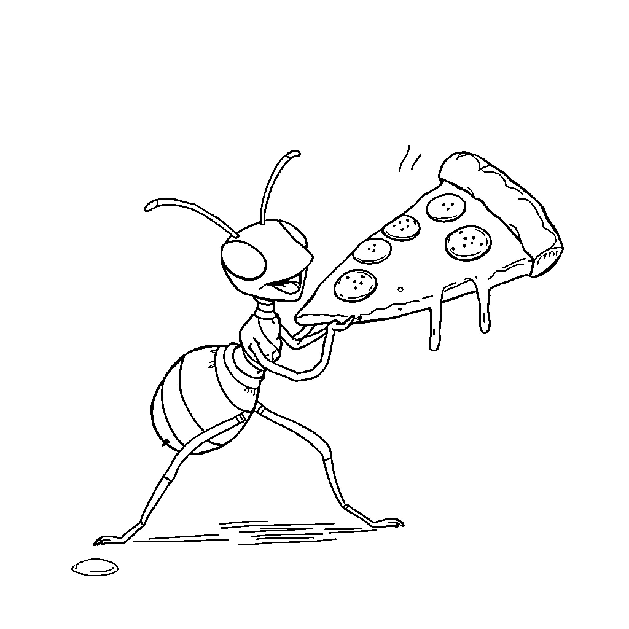 Ant carrying a giant slice of pizza Coloring Page (free black-and-white line drawing printable PDF for all, from beginners to advanced learners, including children, teens, adults, and seniors)