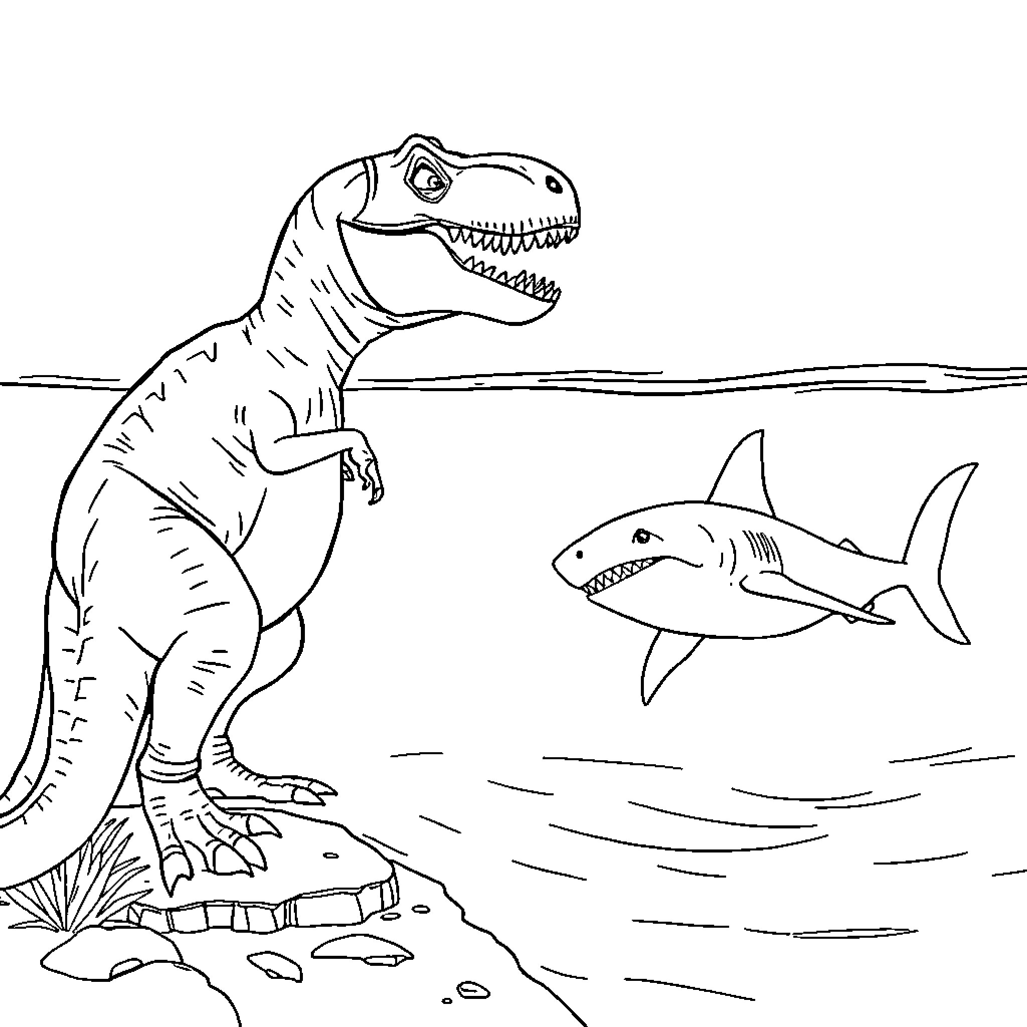 Tyrannosaurus confronting a shark in the ocean Coloring Page (free black-and-white line drawing printable PDF for all, from beginners to advanced learners, including children, teens, adults, and seniors)