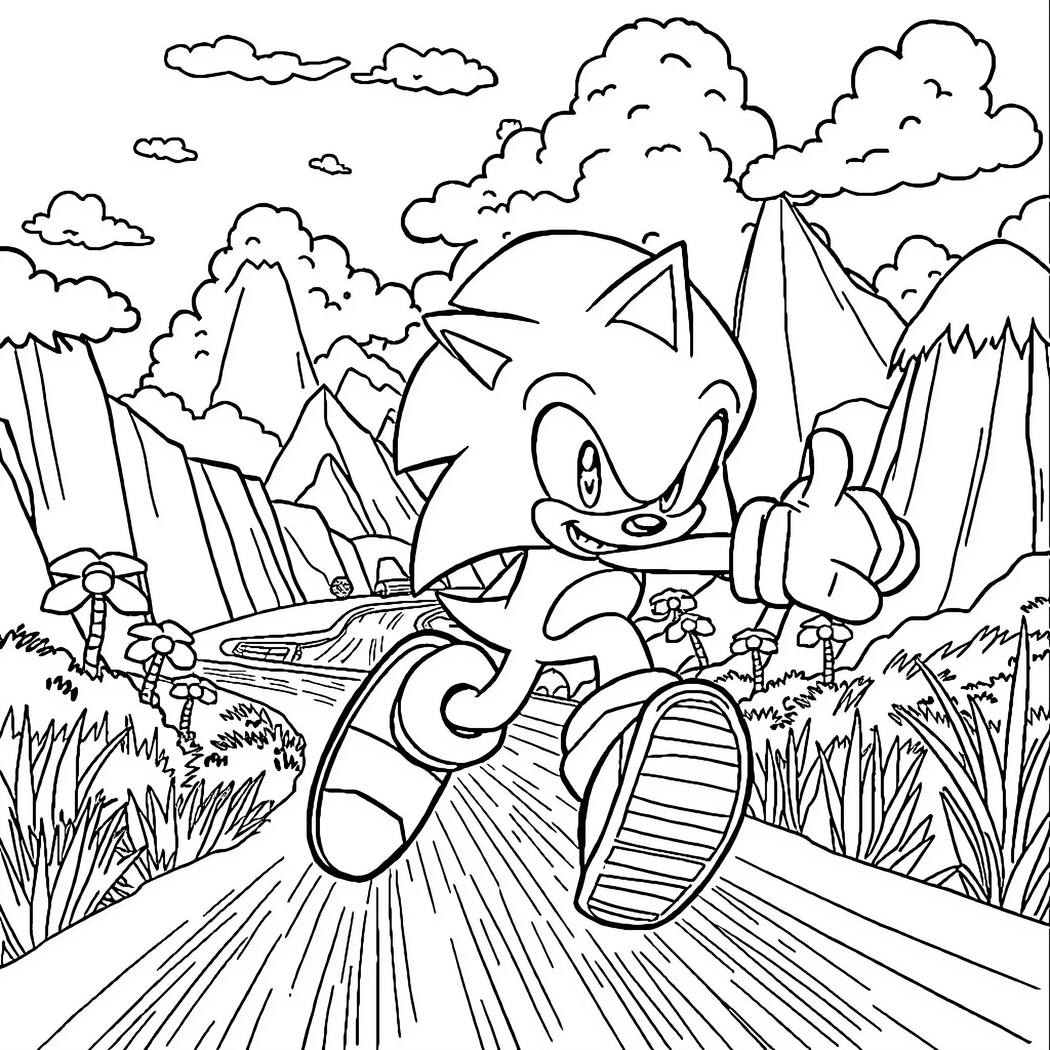Sonic racing through the countryside Coloring Page (free black-and-white line drawing printable PDF for all, from beginners to advanced learners, including children, teens, adults, and seniors)