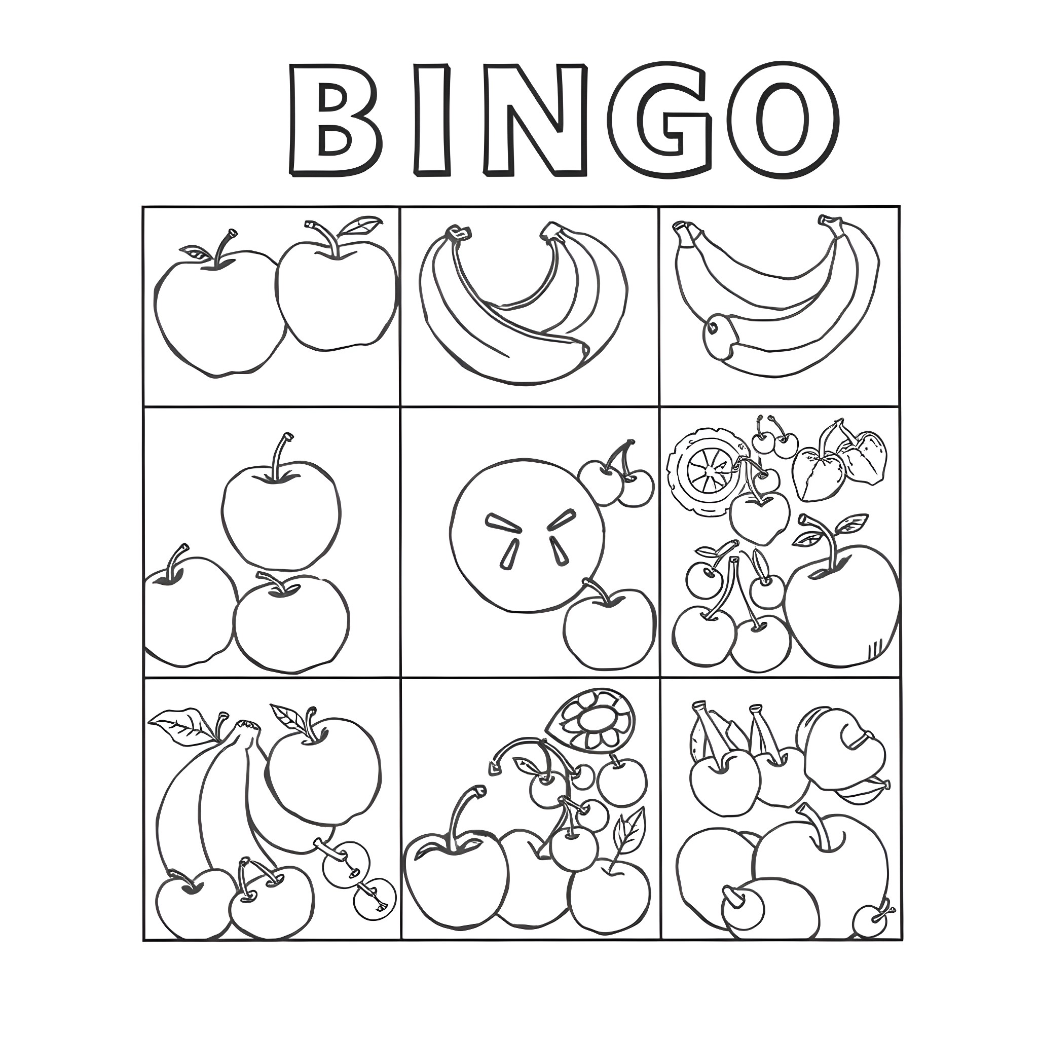 Fruit Bingo with various fruit icons Coloring Page (free black-and-white line drawing printable PDF for all, from beginners to advanced learners, including children, teens, adults, and seniors)