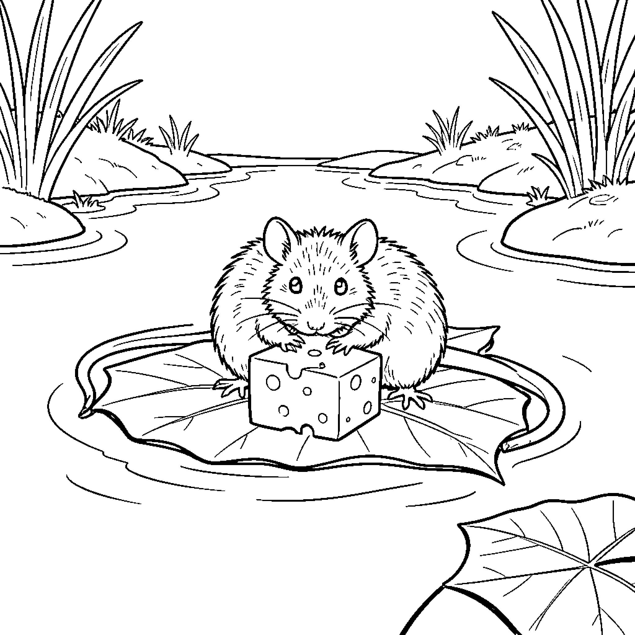 Rata plays with a dice on a lily pad Coloring Page (free black-and-white line drawing printable PDF for all, from beginners to advanced learners, including children, teens, adults, and seniors)