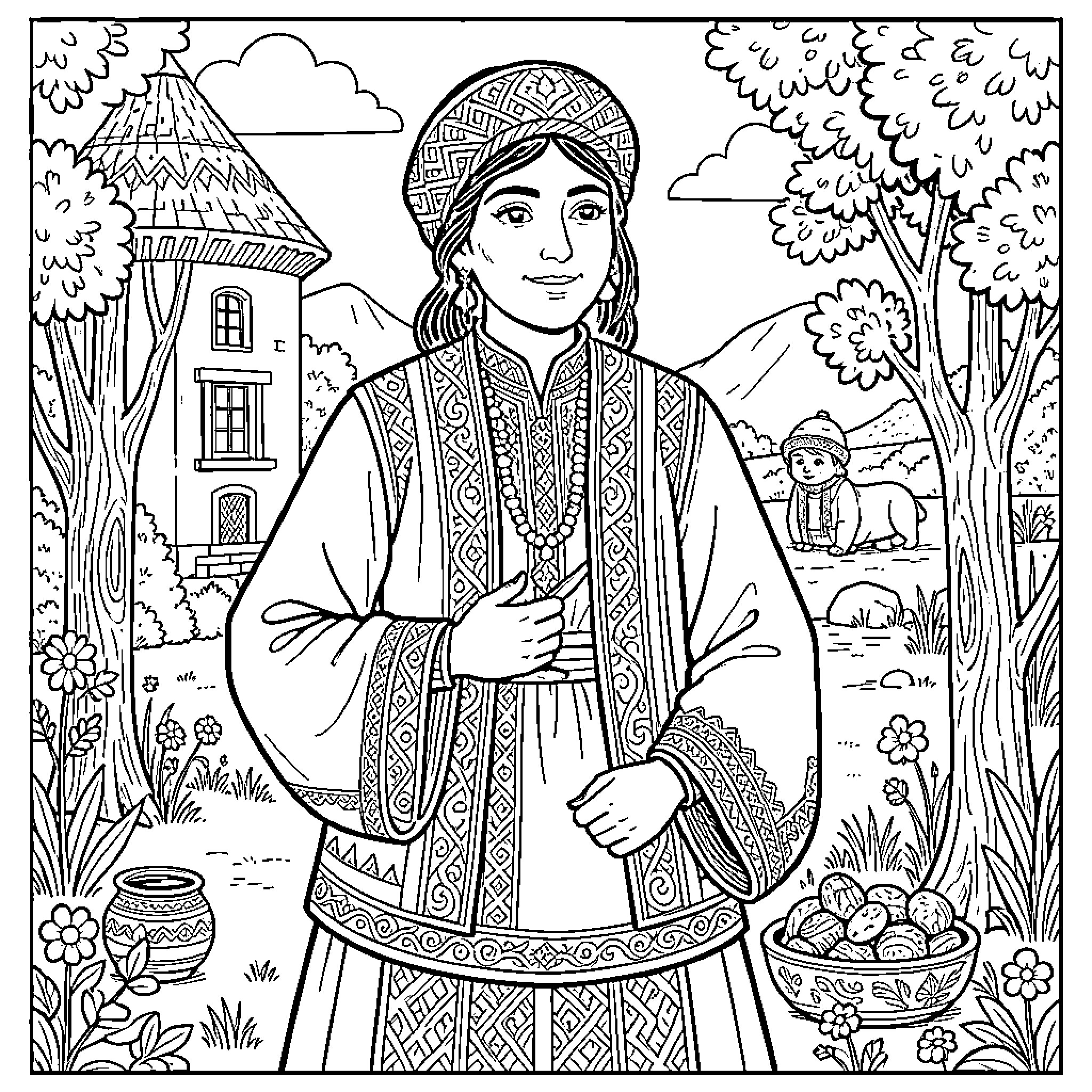 Armenian girl in traditional attire standing in a landscape Coloring Page (free black-and-white line drawing printable PDF for all, from beginners to advanced learners, including children, teens, adults, and seniors)