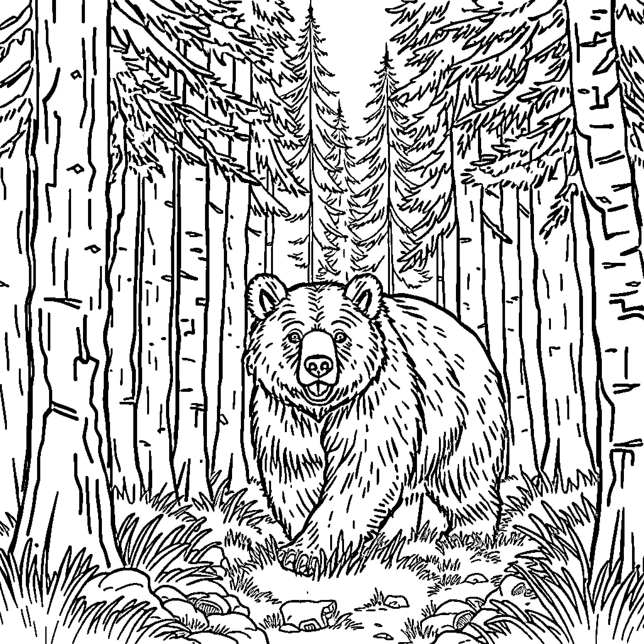 Bear roaming through the snowy forest Coloring Page (free black-and-white line drawing printable PDF for all, from beginners to advanced learners, including children, teens, adults, and seniors)