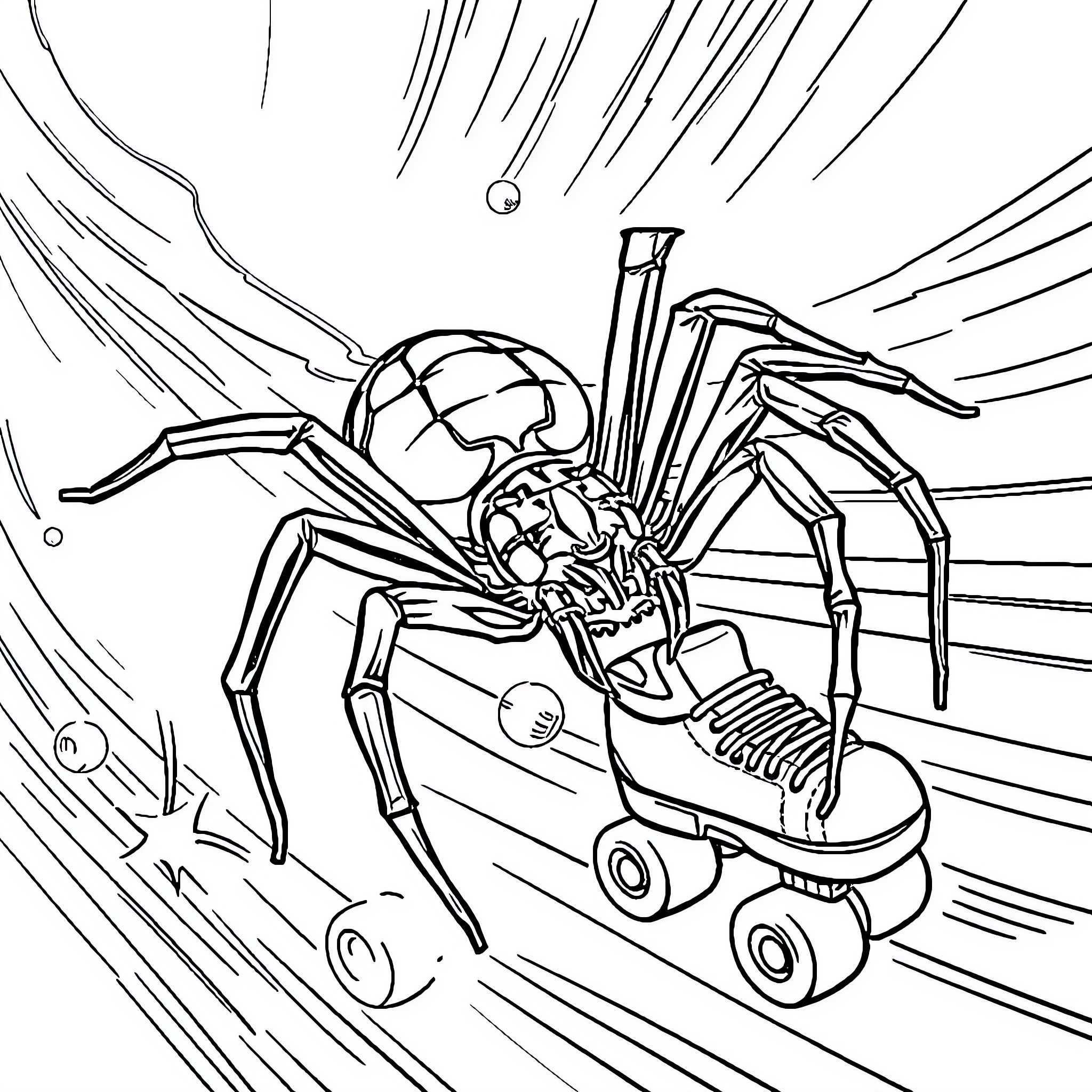 Spider racing at high speed on roller skates Coloring Page (free black-and-white line drawing printable PDF for all, from beginners to advanced learners, including children, teens, adults, and seniors)