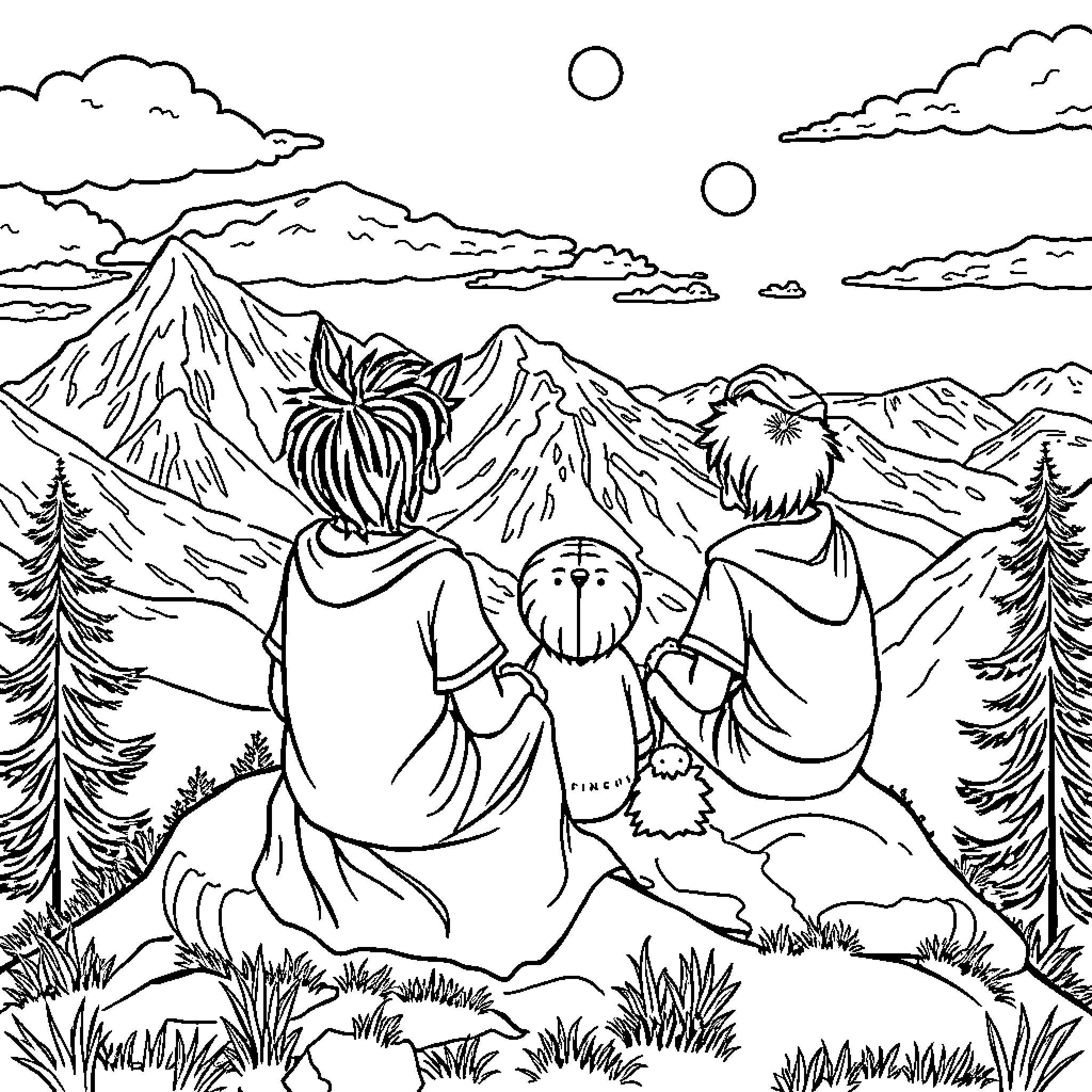 Tum Tum Friends Hiking in Mountain Scenery Coloring Page (free black-and-white line drawing printable PDF for all, from beginners to advanced learners, including children, teens, adults, and seniors)