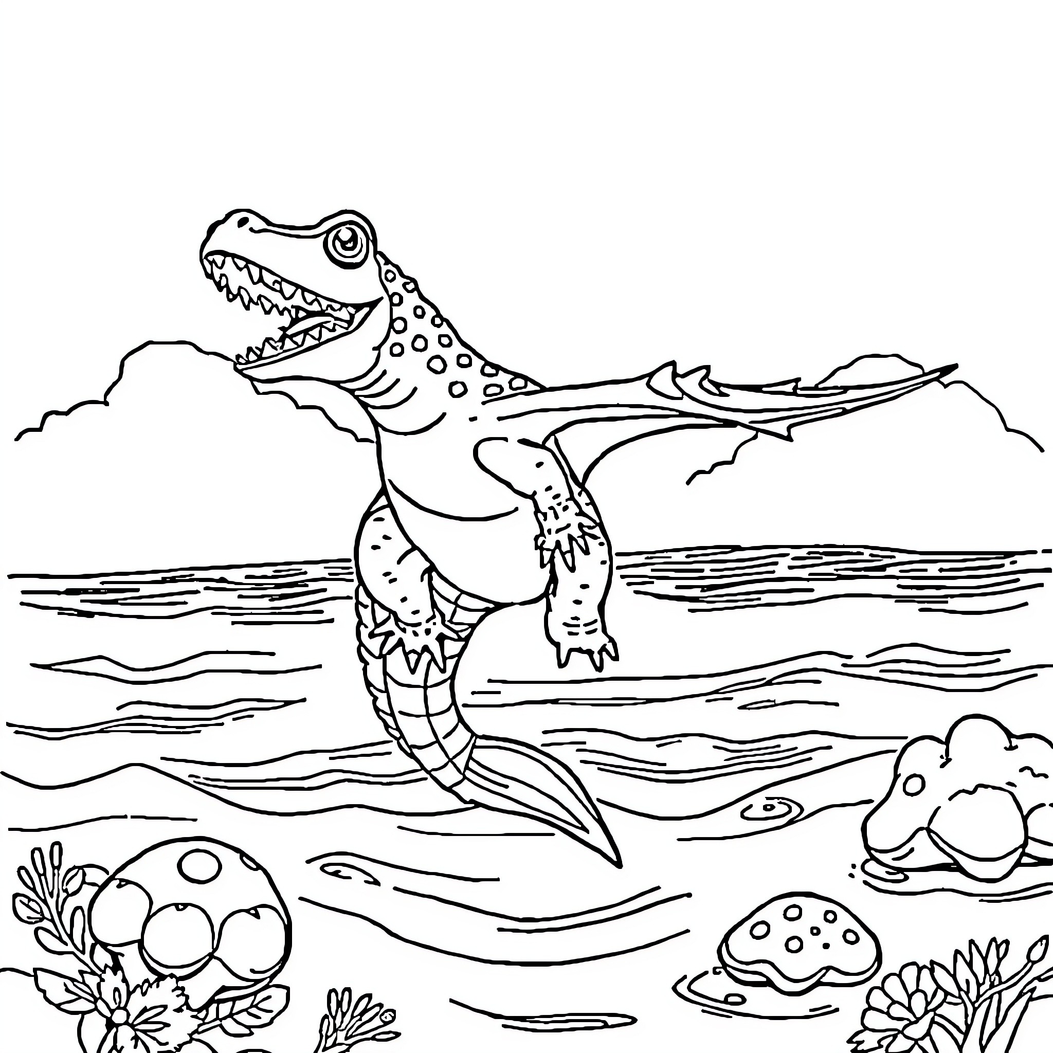 Crocodile swimming in the river with wildlife Coloring Page (free black-and-white line drawing printable PDF for all, from beginners to advanced learners, including children, teens, adults, and seniors)