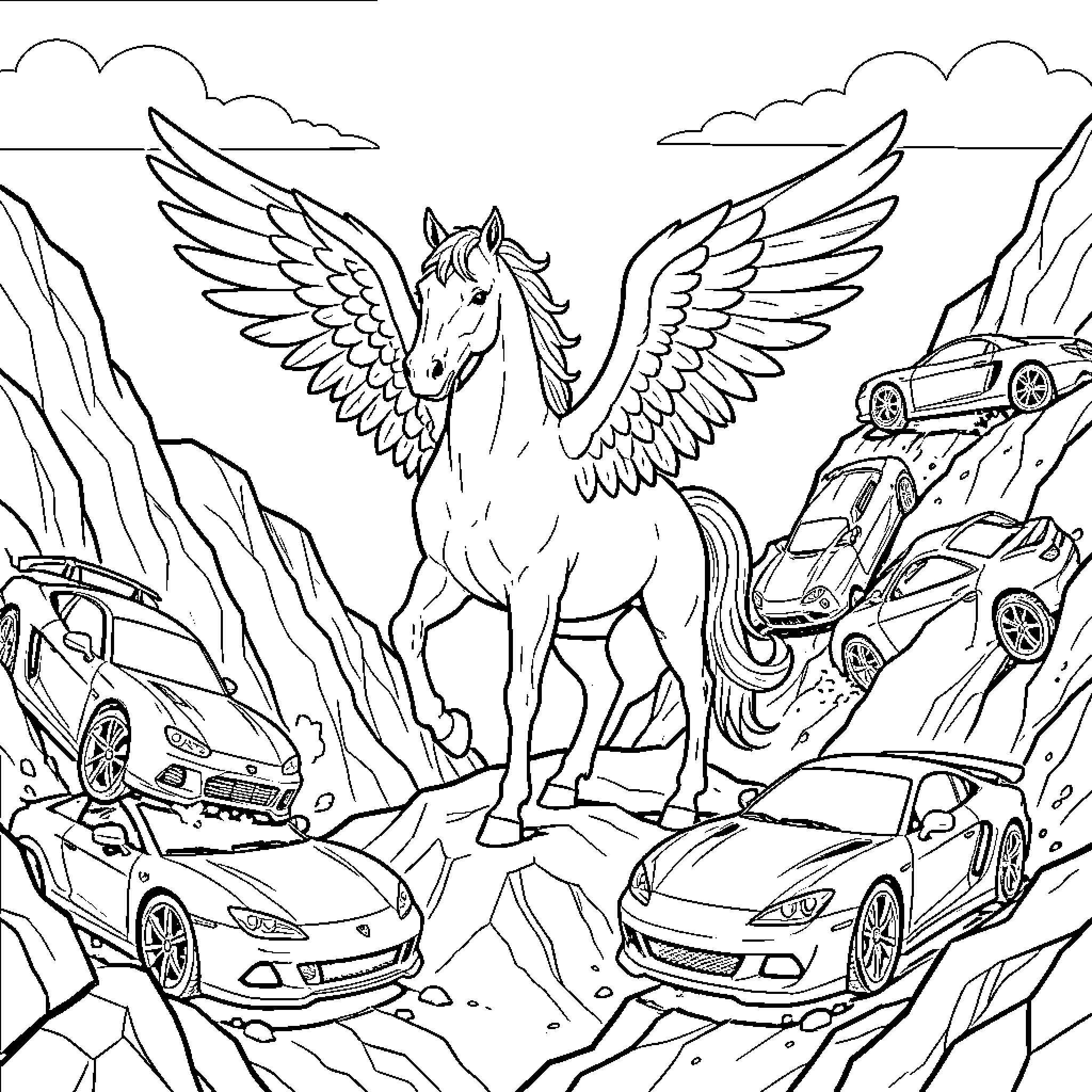 Pegasus standing majestically among various sports cars Coloring Page (free black-and-white line drawing printable PDF for all, from beginners to advanced learners, including children, teens, adults, and seniors)