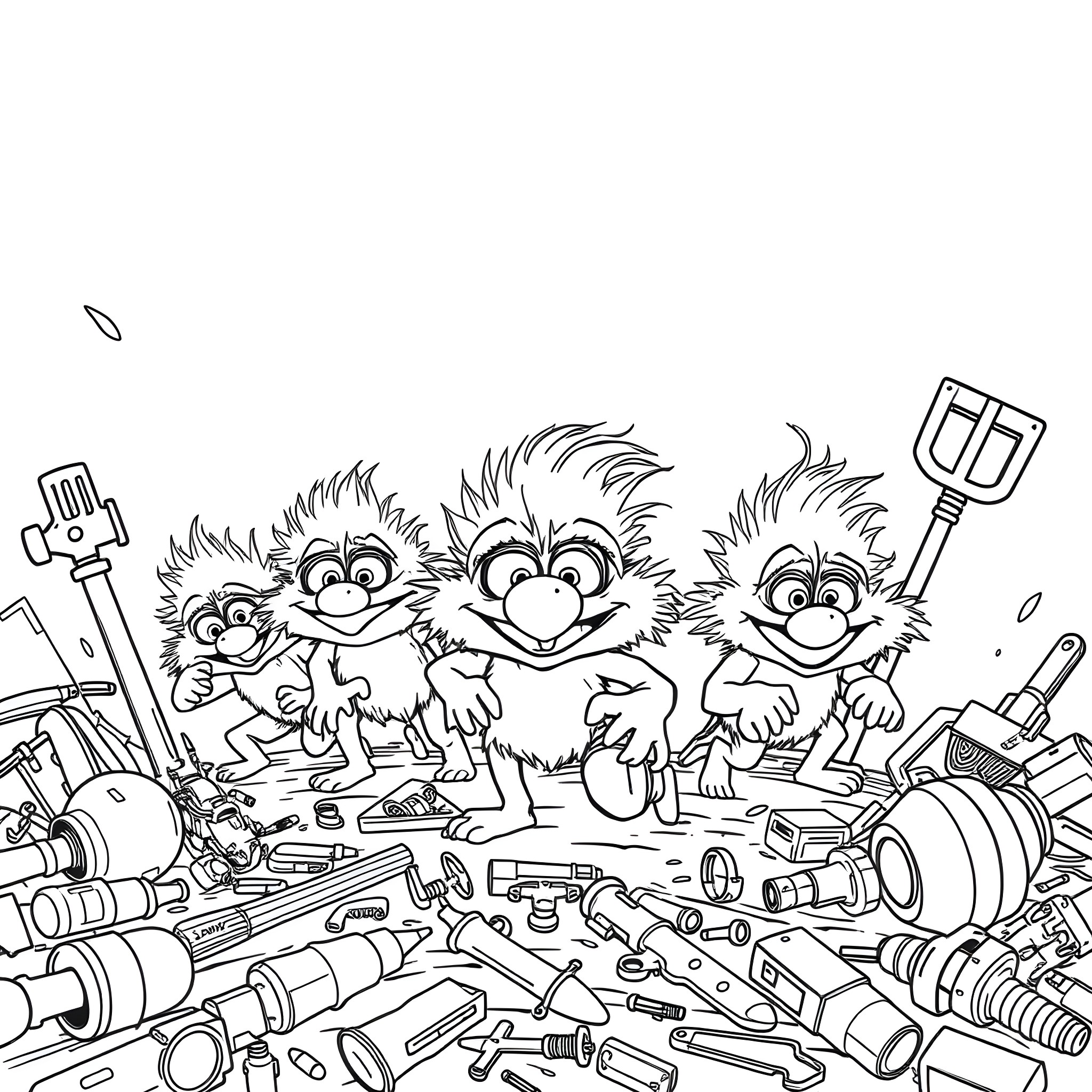 Crite creatures exploring a tool-filled scene Coloring Page (free black-and-white line drawing printable PDF for all, from beginners to advanced learners, including children, teens, adults, and seniors)