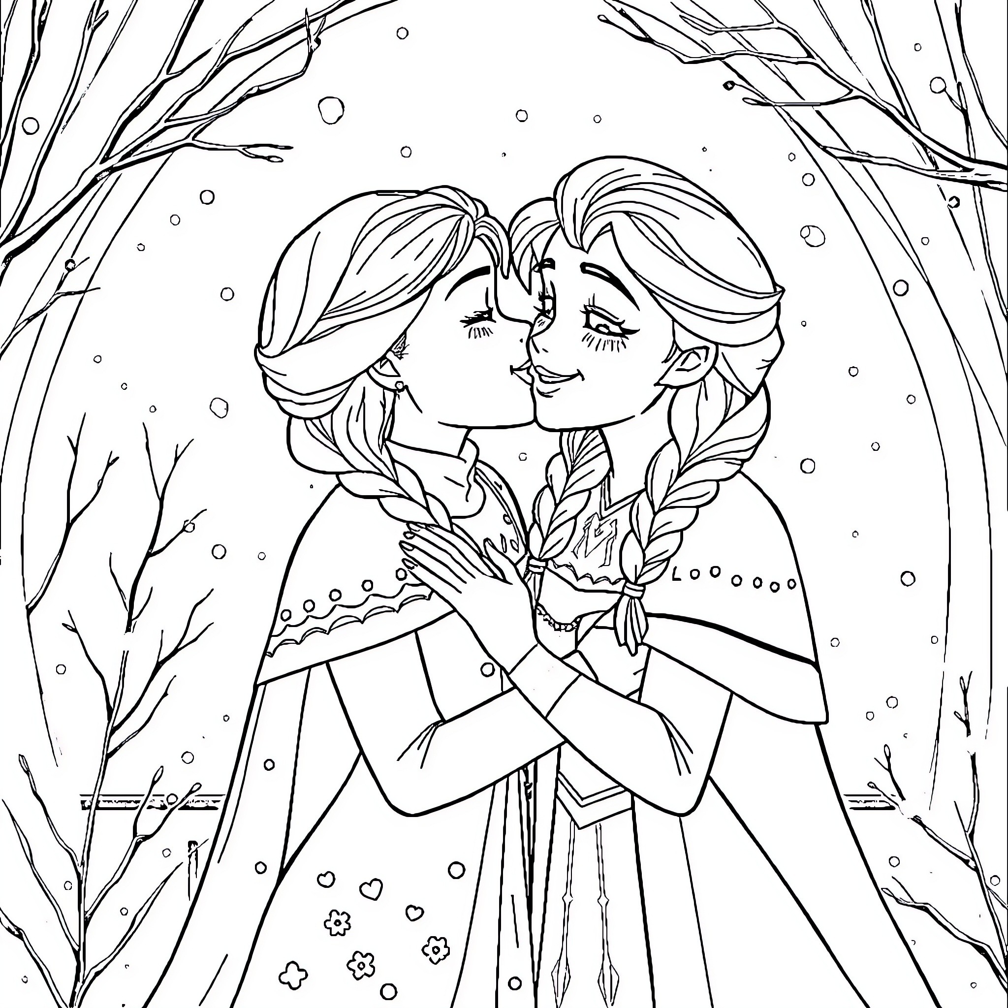 Anna and Elsa sharing a warm embrace in the winter wonderland Coloring Page (free black-and-white line drawing printable PDF for all, from beginners to advanced learners, including children, teens, adults, and seniors)