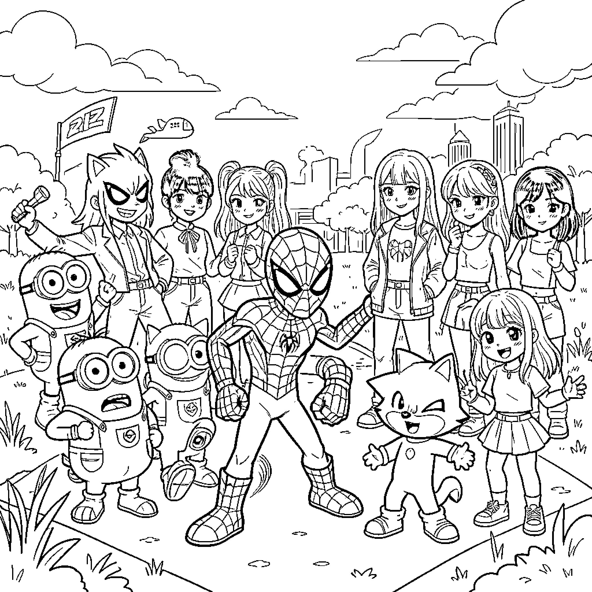 Spider-themed characters in an urban scene Coloring Page (free black-and-white line drawing printable PDF for all, from beginners to advanced learners, including children, teens, adults, and seniors)