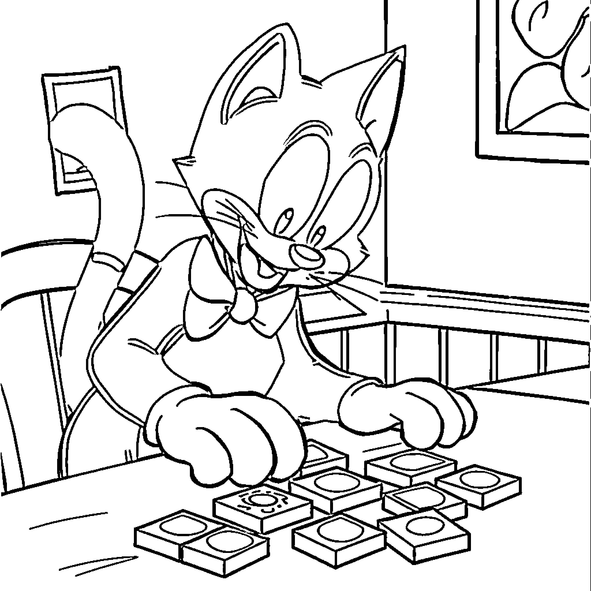 Felix playing a game on a table Coloring Page (free black-and-white line drawing printable PDF for all, from beginners to advanced learners, including children, teens, adults, and seniors)