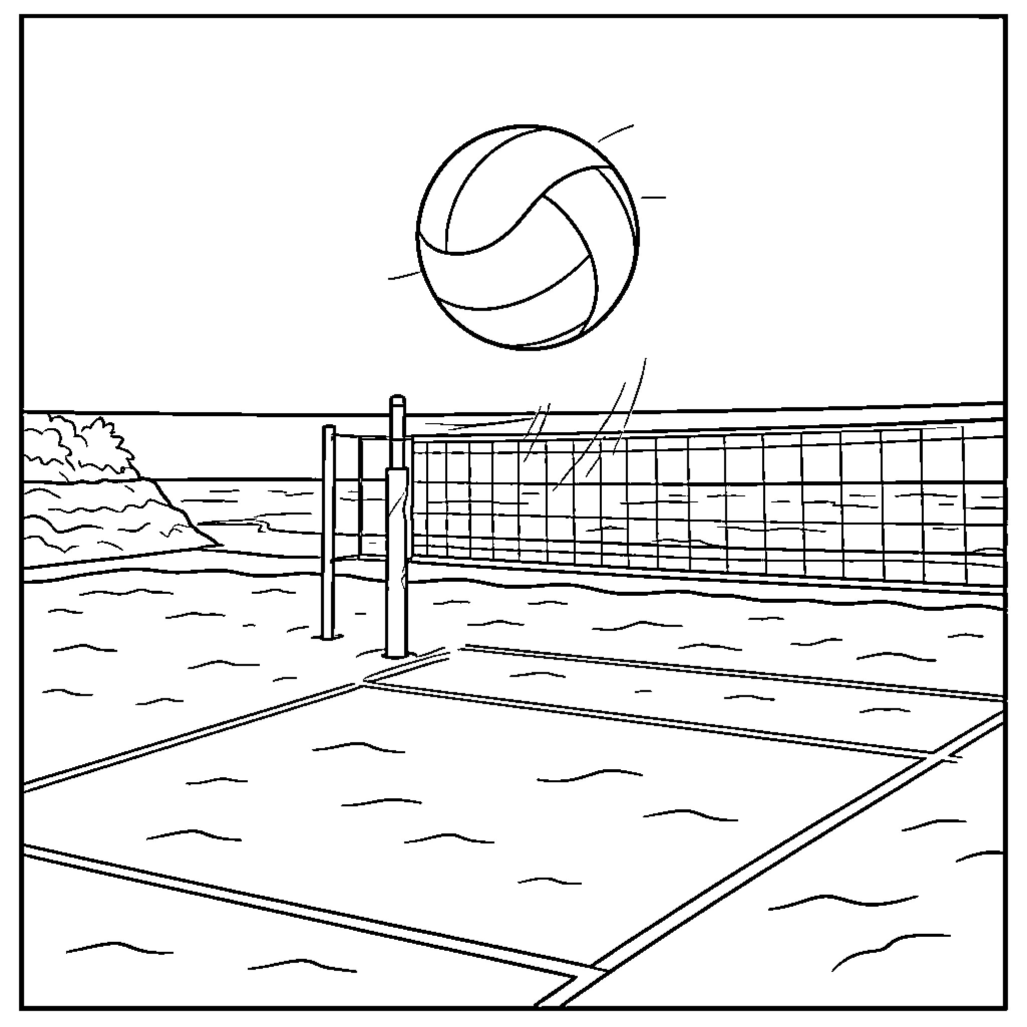 Volleyball flying over a net on the beach Coloring Page (free black-and-white line drawing printable PDF for all, from beginners to advanced learners, including children, teens, adults, and seniors)