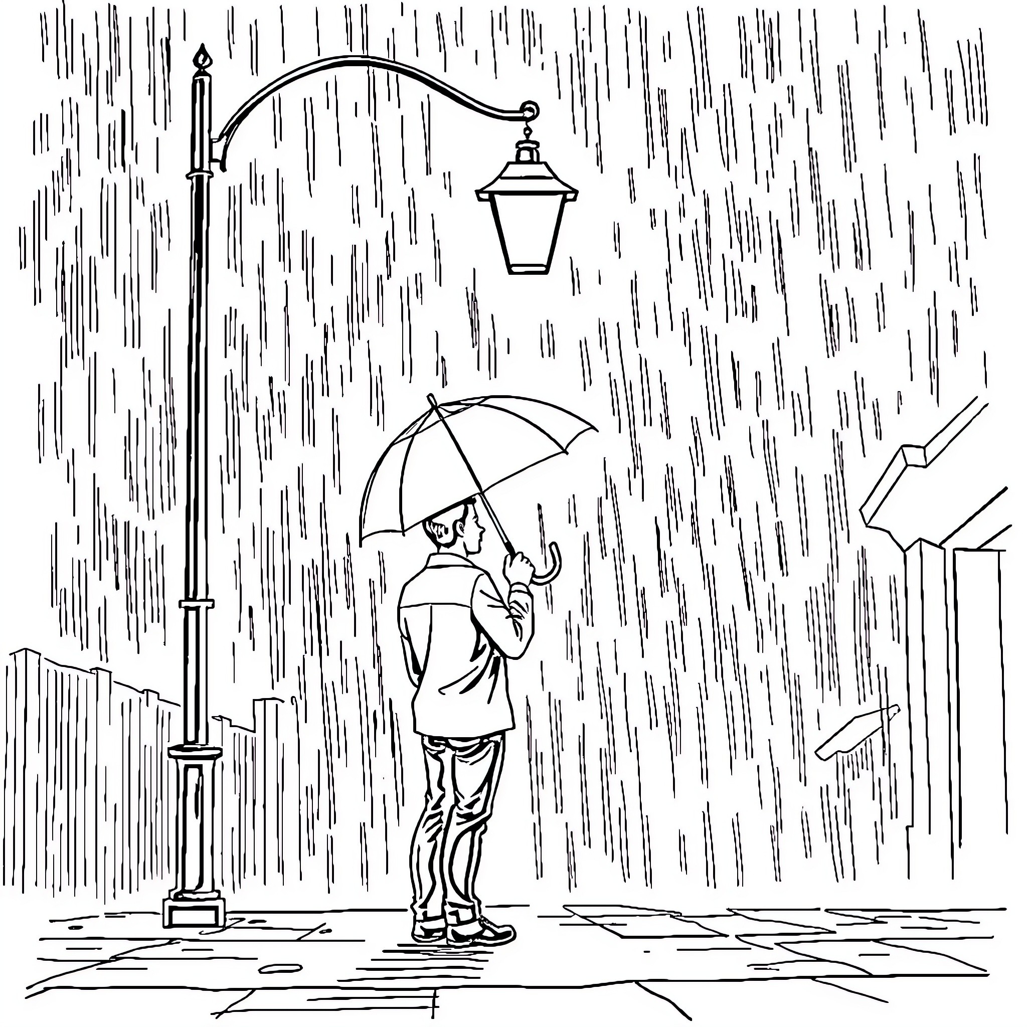 Man walking in rainy weather with umbrella Coloring Page (free black-and-white line drawing printable PDF for all, from beginners to advanced learners, including children, teens, adults, and seniors)