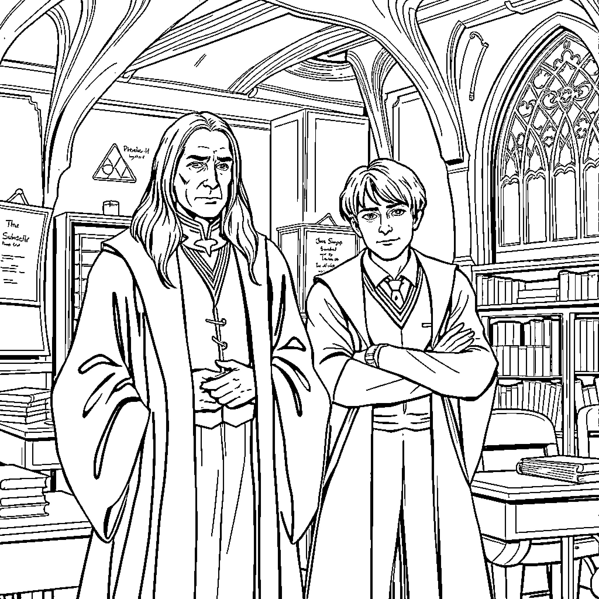 Snape and Harry Potter in the Library Coloring Page (free black-and-white line drawing printable PDF for all, from beginners to advanced learners, including children, teens, adults, and seniors)